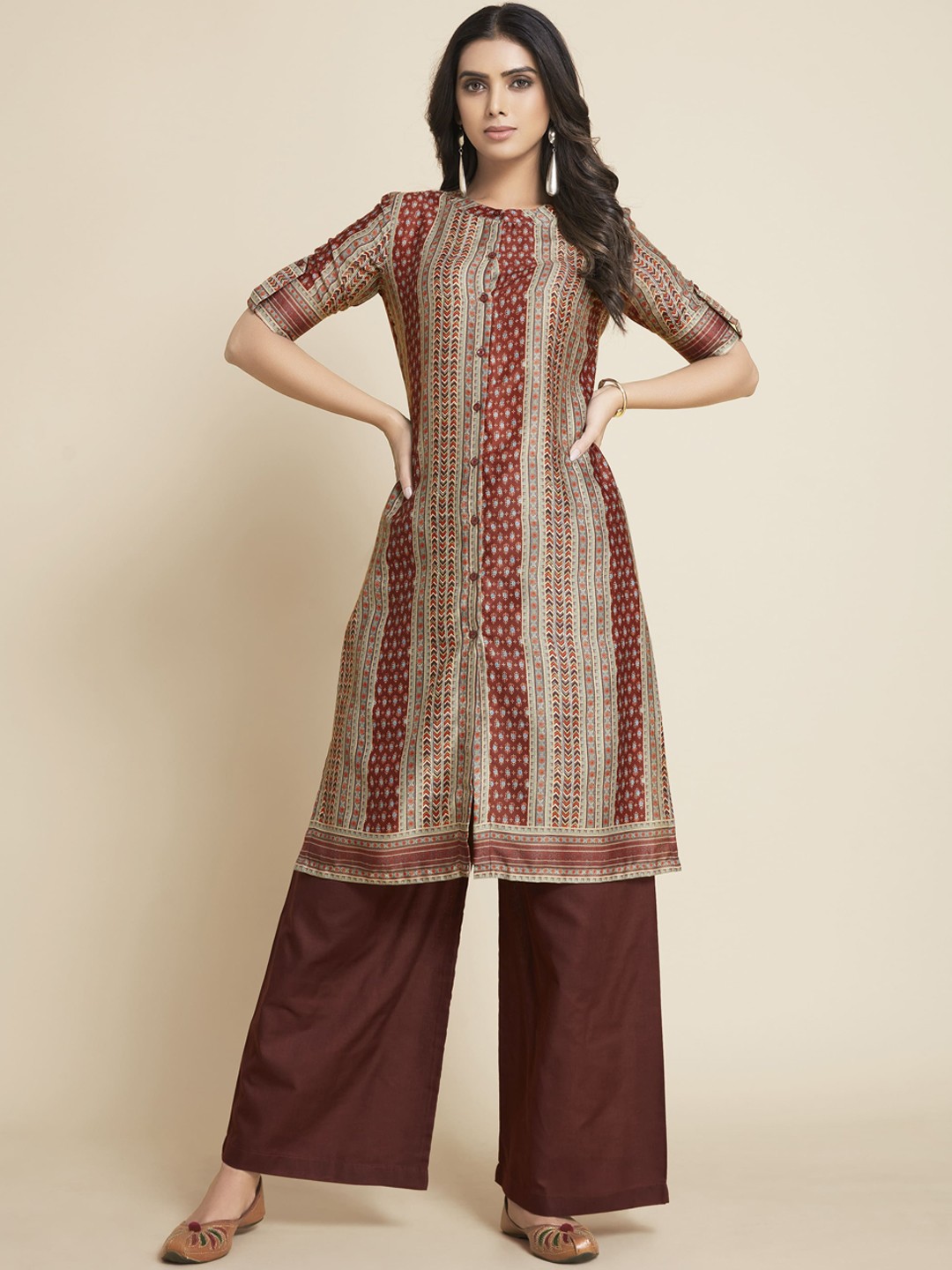 

Sangria Striped Cotton Kurta with Palazzos, Brown