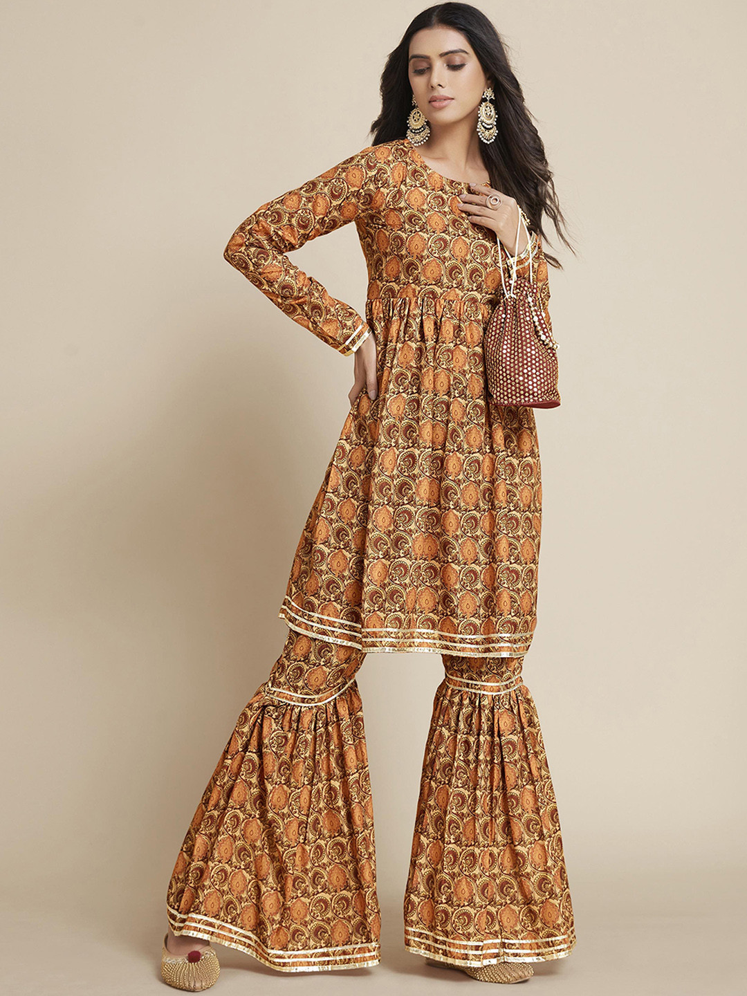 

Sangria Ethnic Motifs Printed Empire Pure Cotton Kurta with Sharara, Mustard