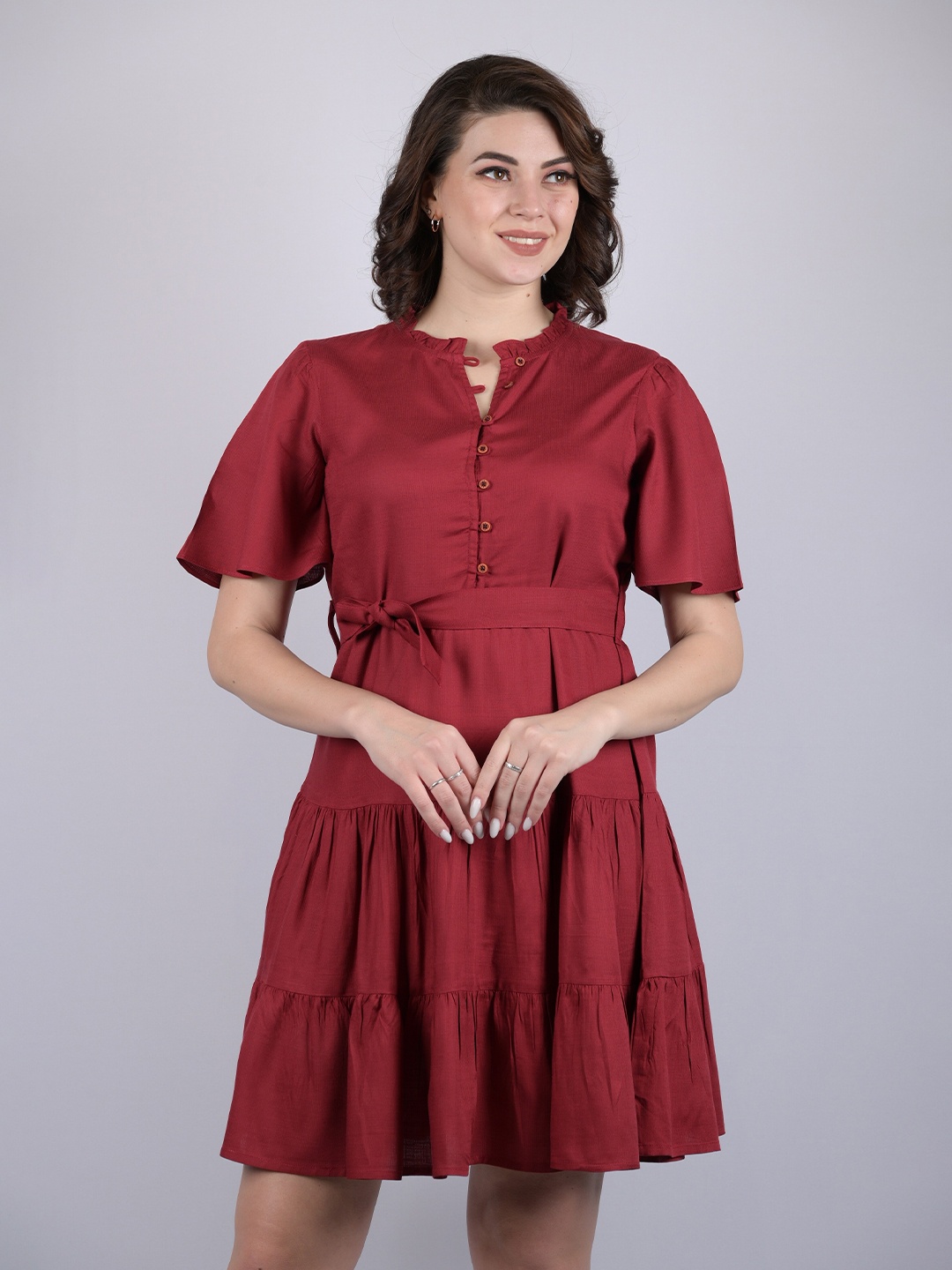 

OWO THE LABEL Cotton Layered Dress, Burgundy