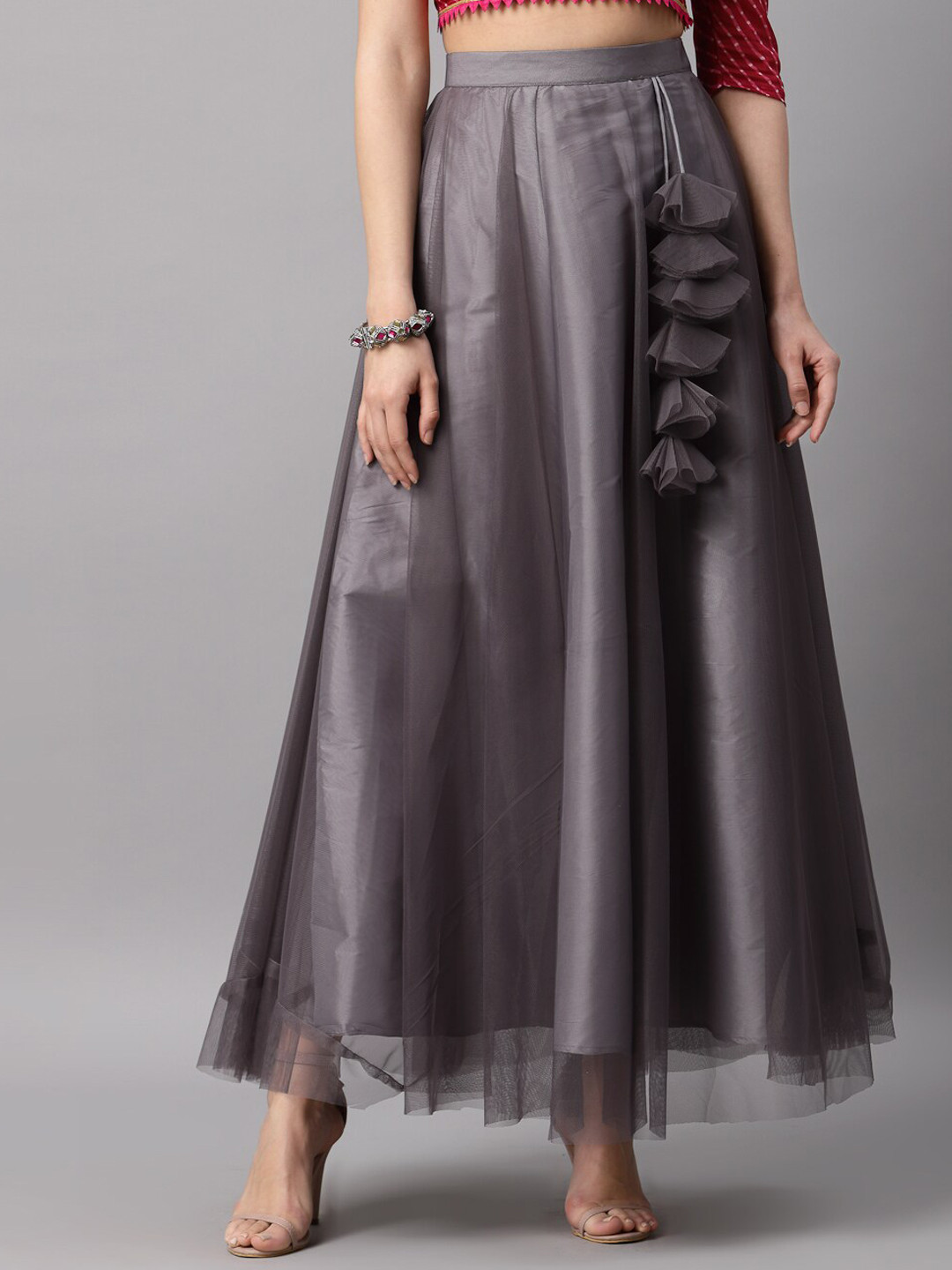 

NEUDIS Solid Net Flared Maxi Lehenga Skirt, Grey