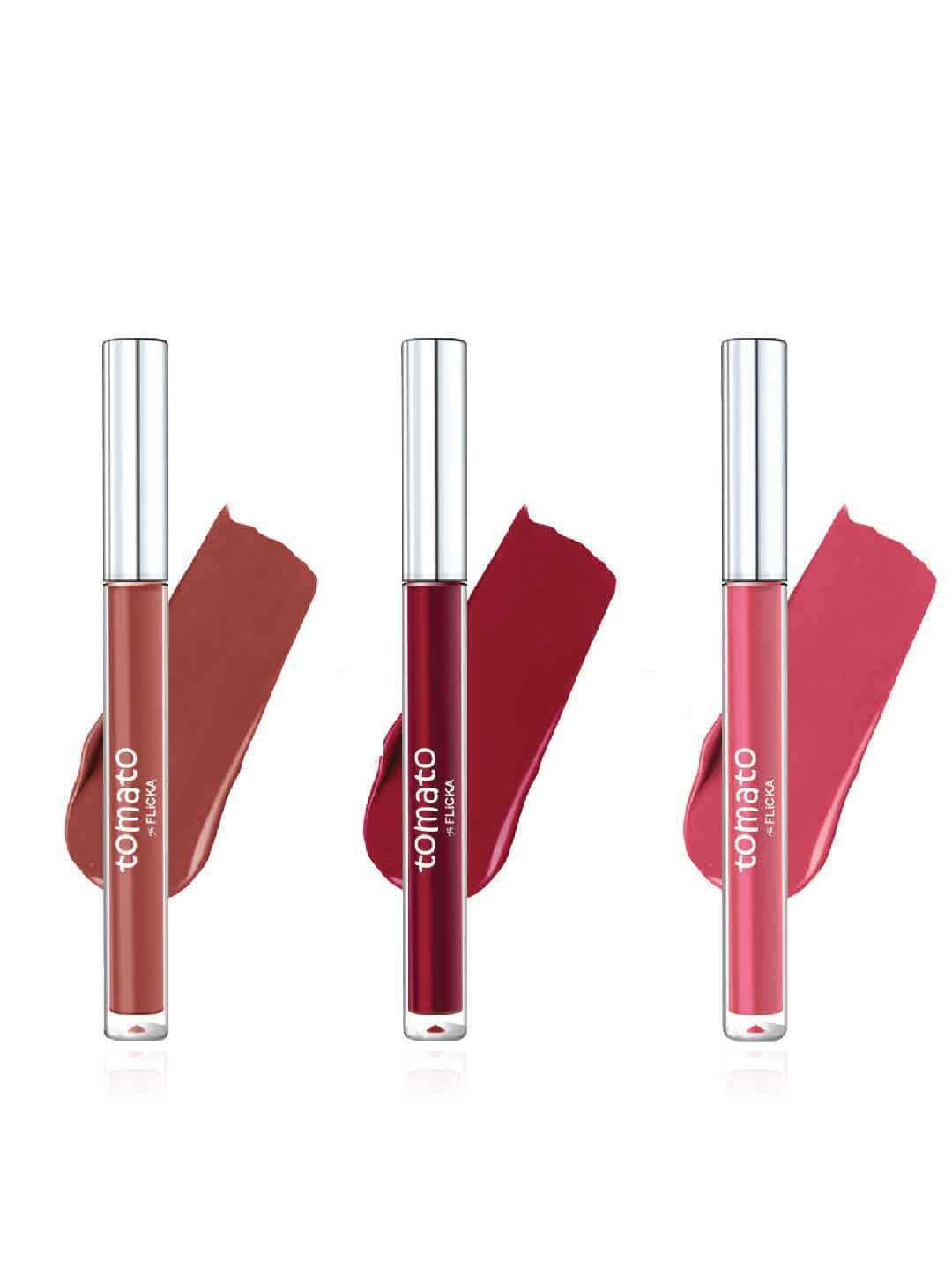 

FLiCKA Set Of 3 Tomato Matte Non Transfer Liquid Lipsticks 2ml Each, Brown
