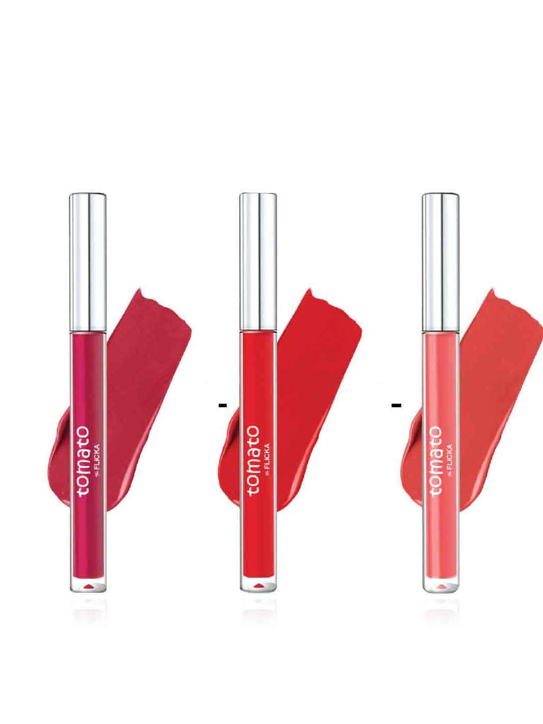 

FLiCKA Set Of 3 Tomato Matte Non Transfer Liquid Lipsticks 2ml Each, Maroon