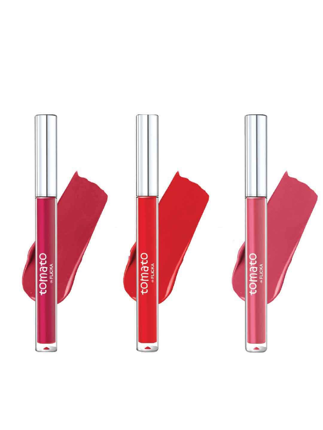 

FLiCKA Set Of 3 Tomato Non-Transfer Liquid Lipstick 2 ml Each-Pink-Tomato Red-Pinkish Nude