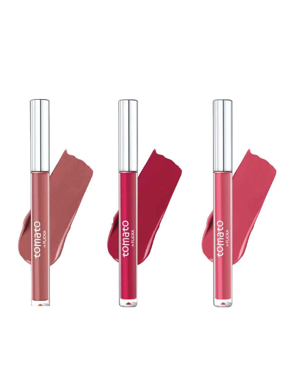 

FLiCKA Set Of 3 Tomato Non-Transfer Liquid Lipstick 2 ml Each-Nude-Mauve -Pinkish Nude, Pink