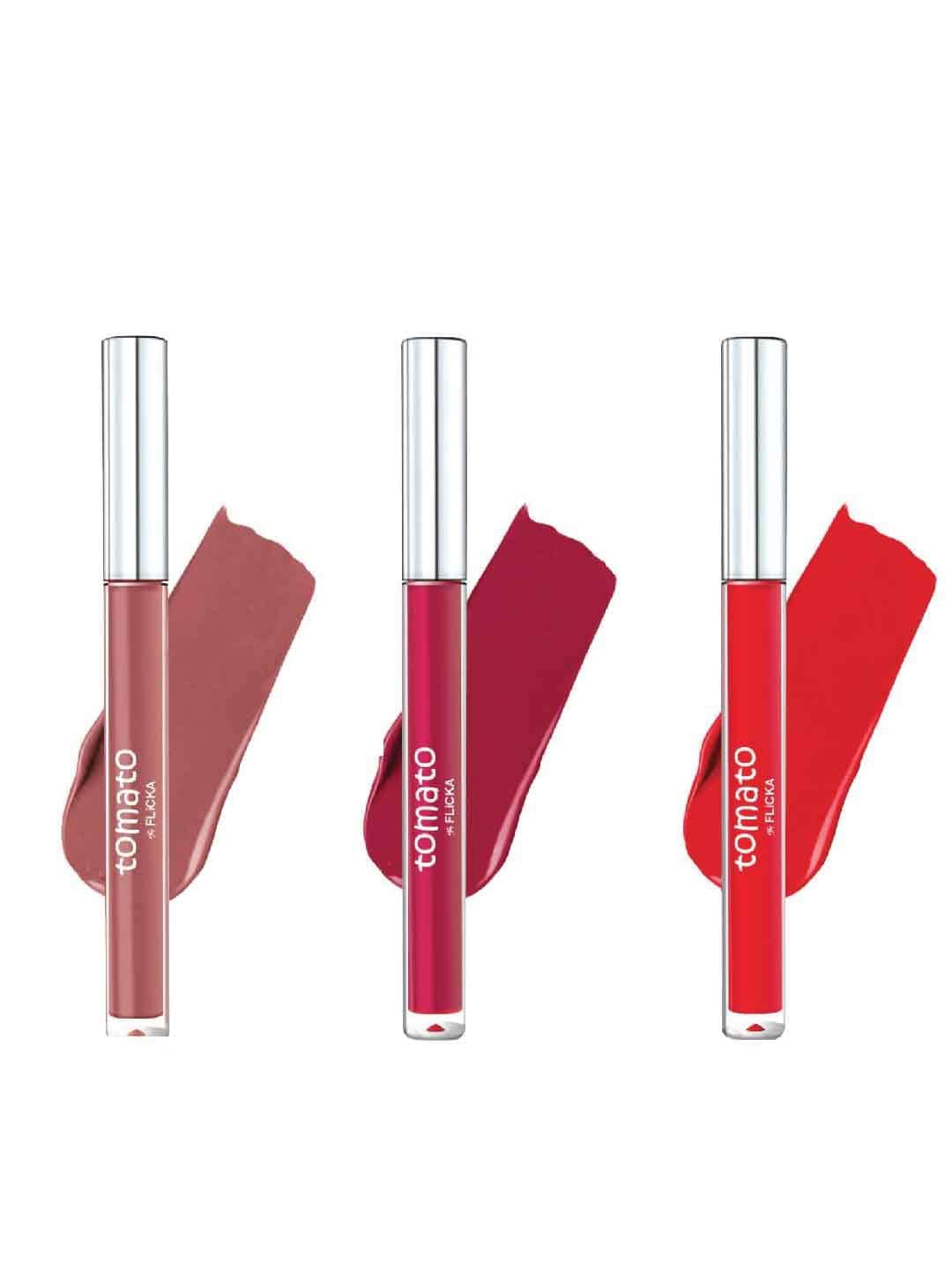 

FLiCKA Set Of 3 Tomato Non-Transfer Liquid Lipstick 2 ml Each-Nude-Mauve -Crimson Red