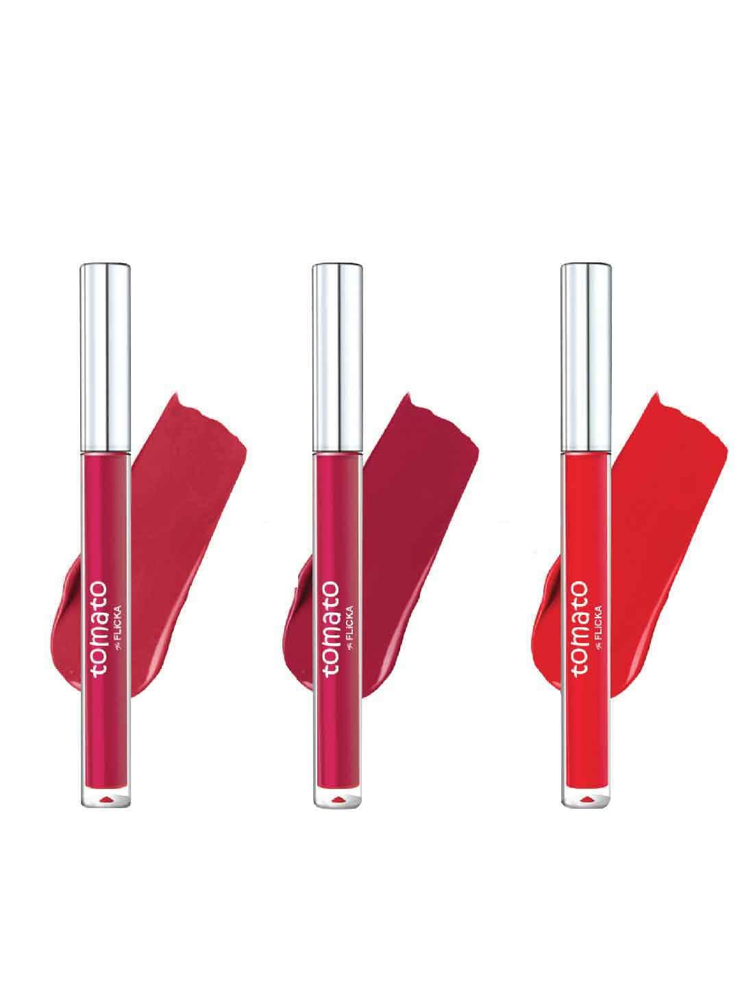 

FLiCKA Set Of 3 Tomato Non-Transfer Liquid Lipstick 2 ml Each-Pink-Mauve -Crimson Red