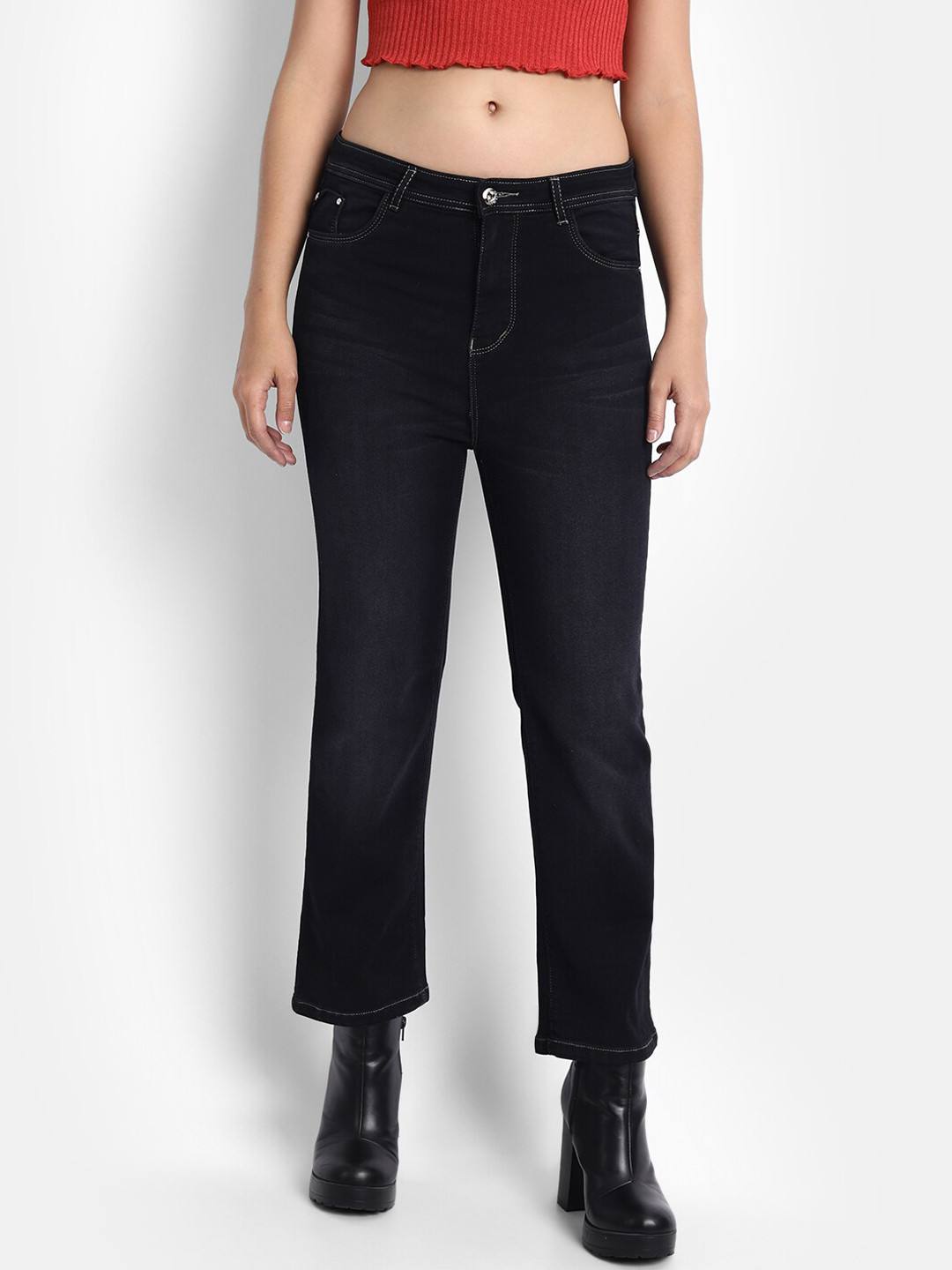 

Next One Women Comfort Fit Straight Fit High-Rise Light Fade Cotton Jeans, Black