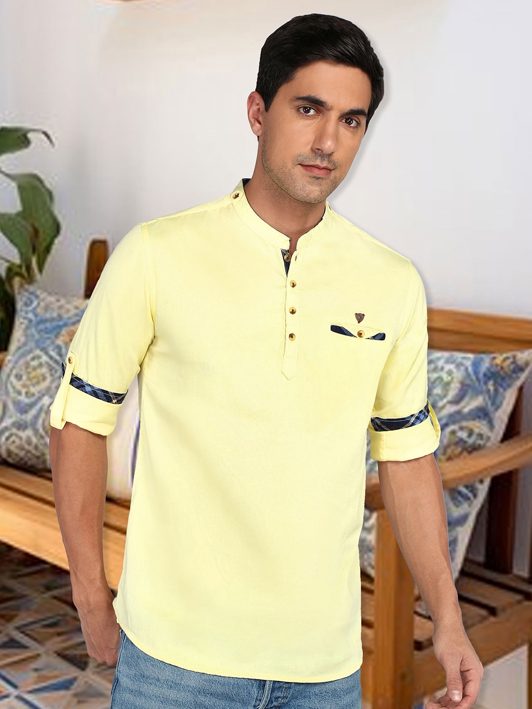 

Kuons Avenue Mandarin Collar Cotton Kurta, Yellow