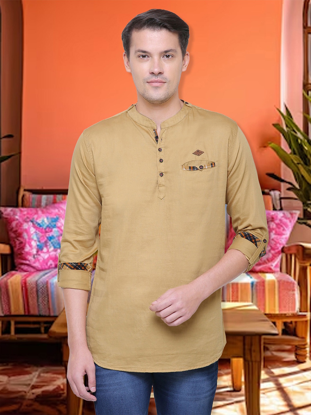 

Kuons Avenue Mandarin Collar Long Sleeves Pure Cotton Kurta, Khaki