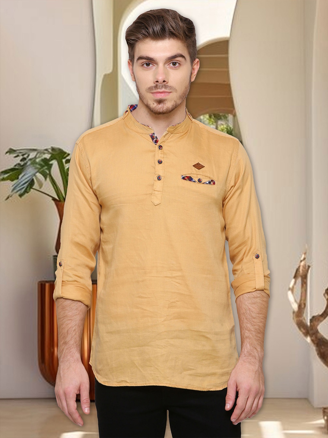 

Kuons Avenue Mandarin Collar Cotton Kurta, Beige