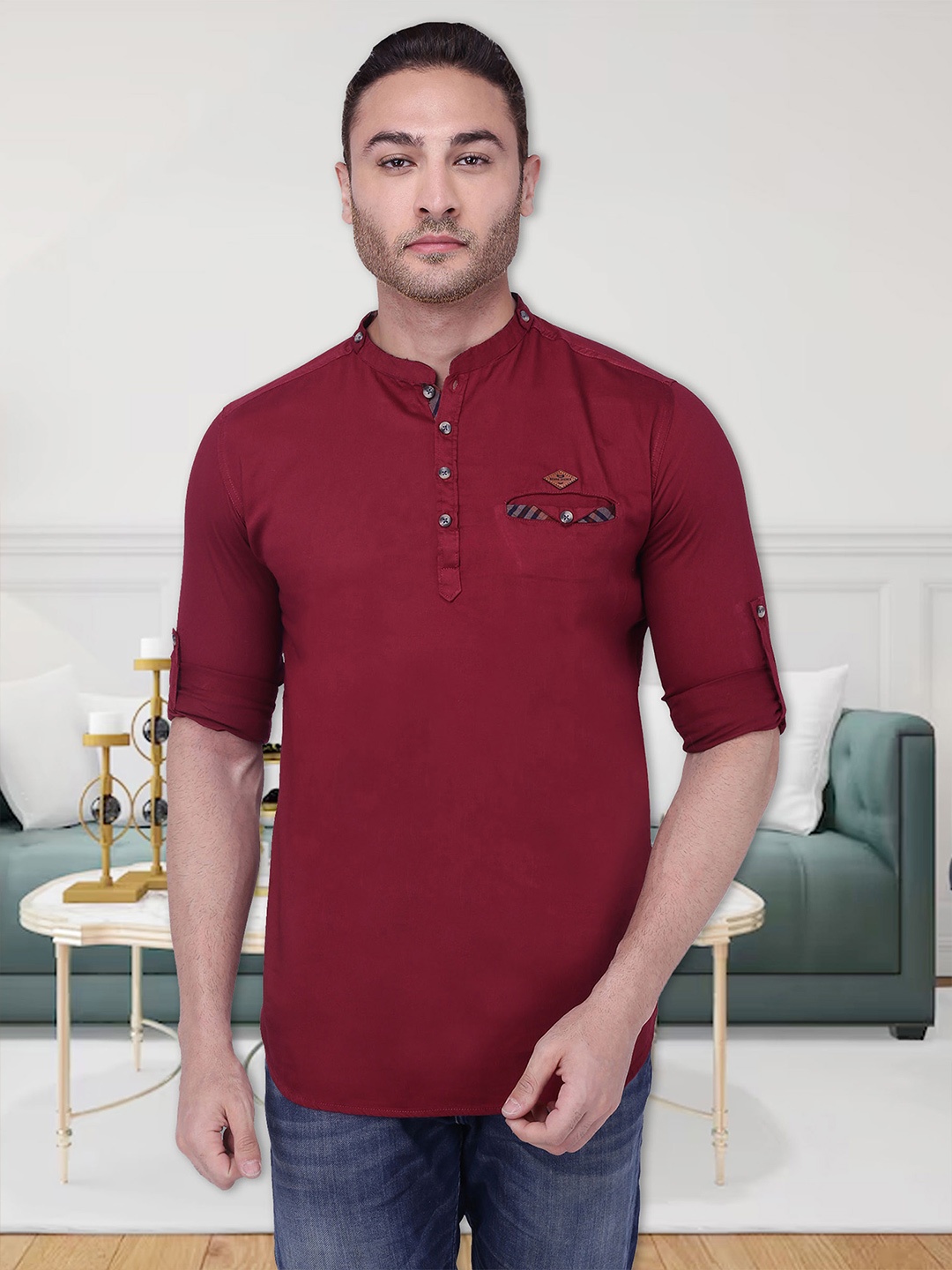

Kuons Avenue Mandarin Collar Cotton Kurta, Maroon