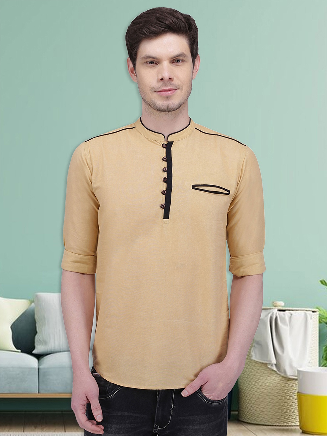 

Kuons Avenue Men Mandarin Collar Pure Cotton Kurta, Beige