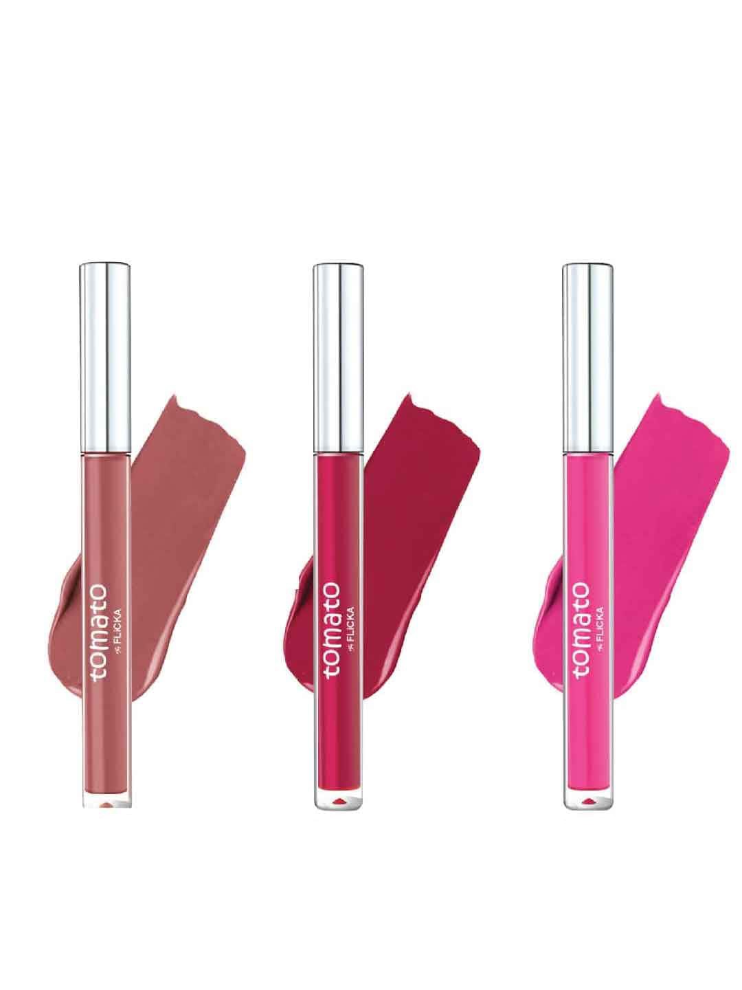 

FLiCKA Set Of 3 Tomato Non-Transfer Liquid Lipstick 2 ml Each-Nude-Mauve Red-Barbie Pink