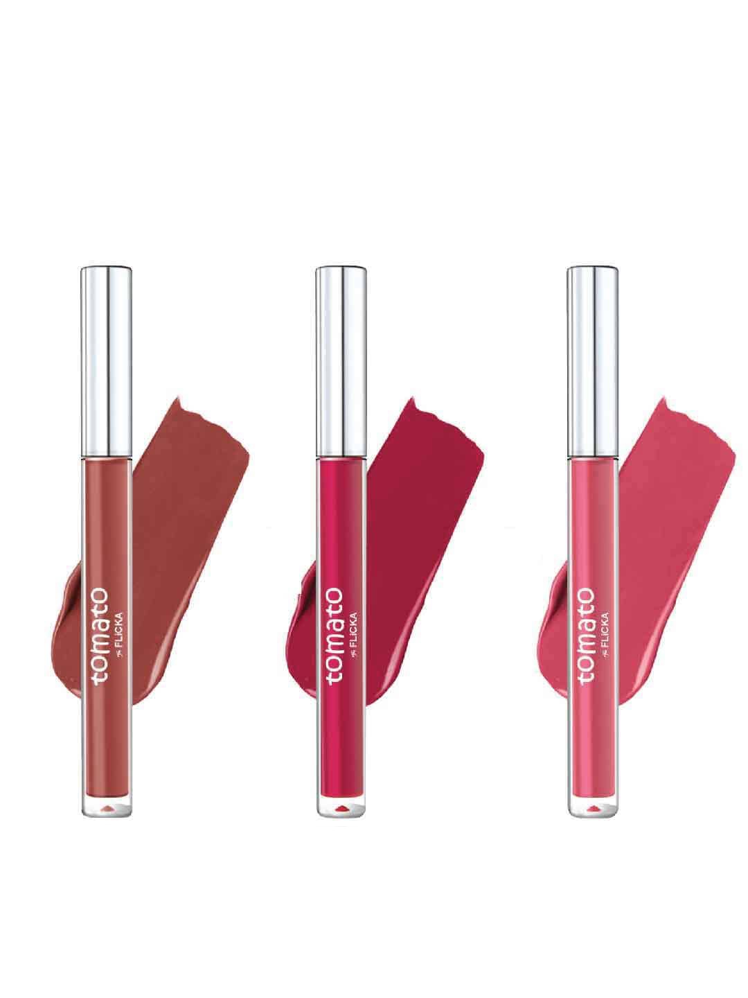 

FLiCKA Set Of 3 Tomato Non Transfer Liquid Matte Lipstick - 2ml Each - Brown Nude02 Mauve04 & Pinkish Nude10