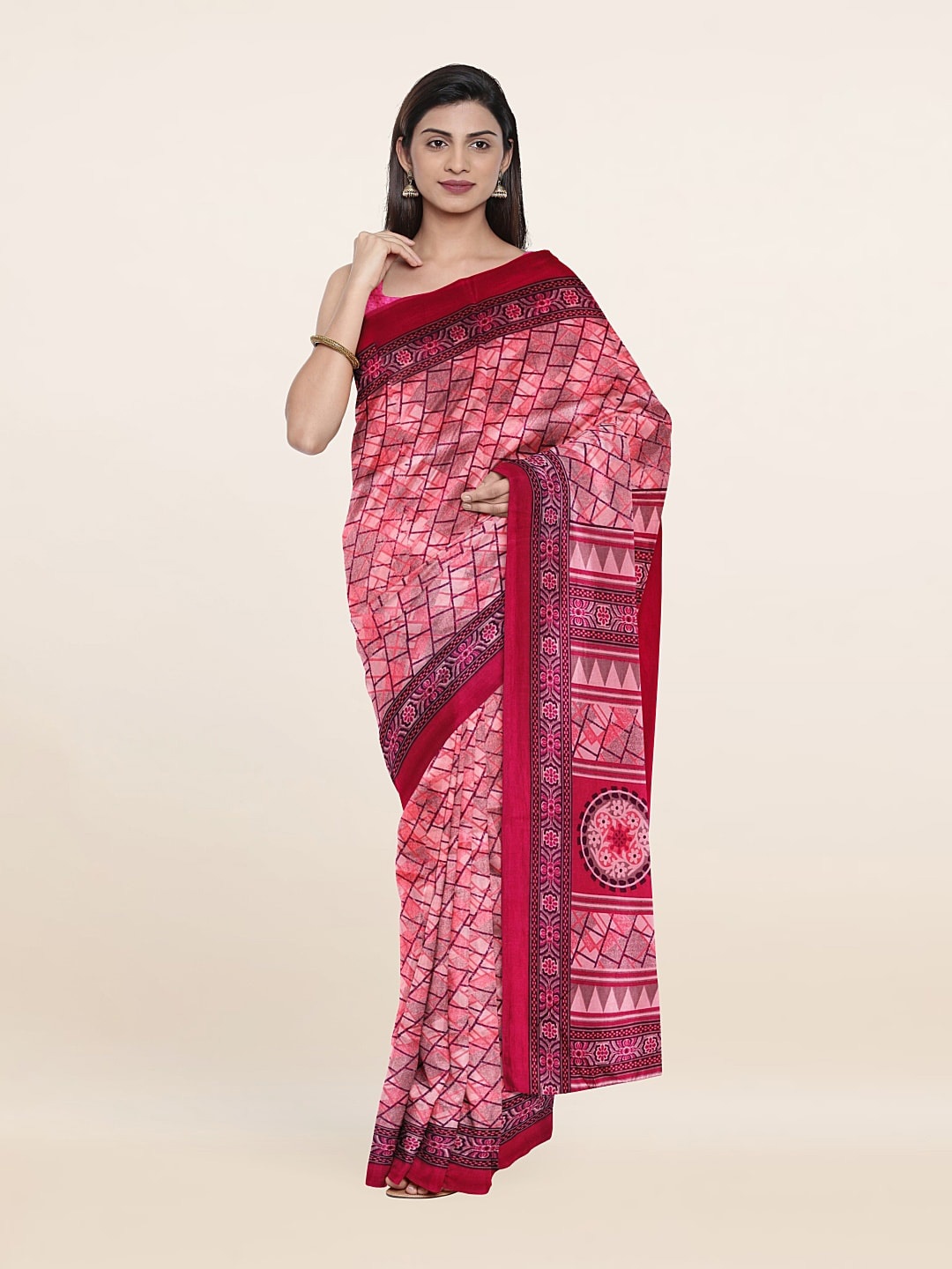 

Pothys Geometric Printed Cotton Blend Saree, Pink