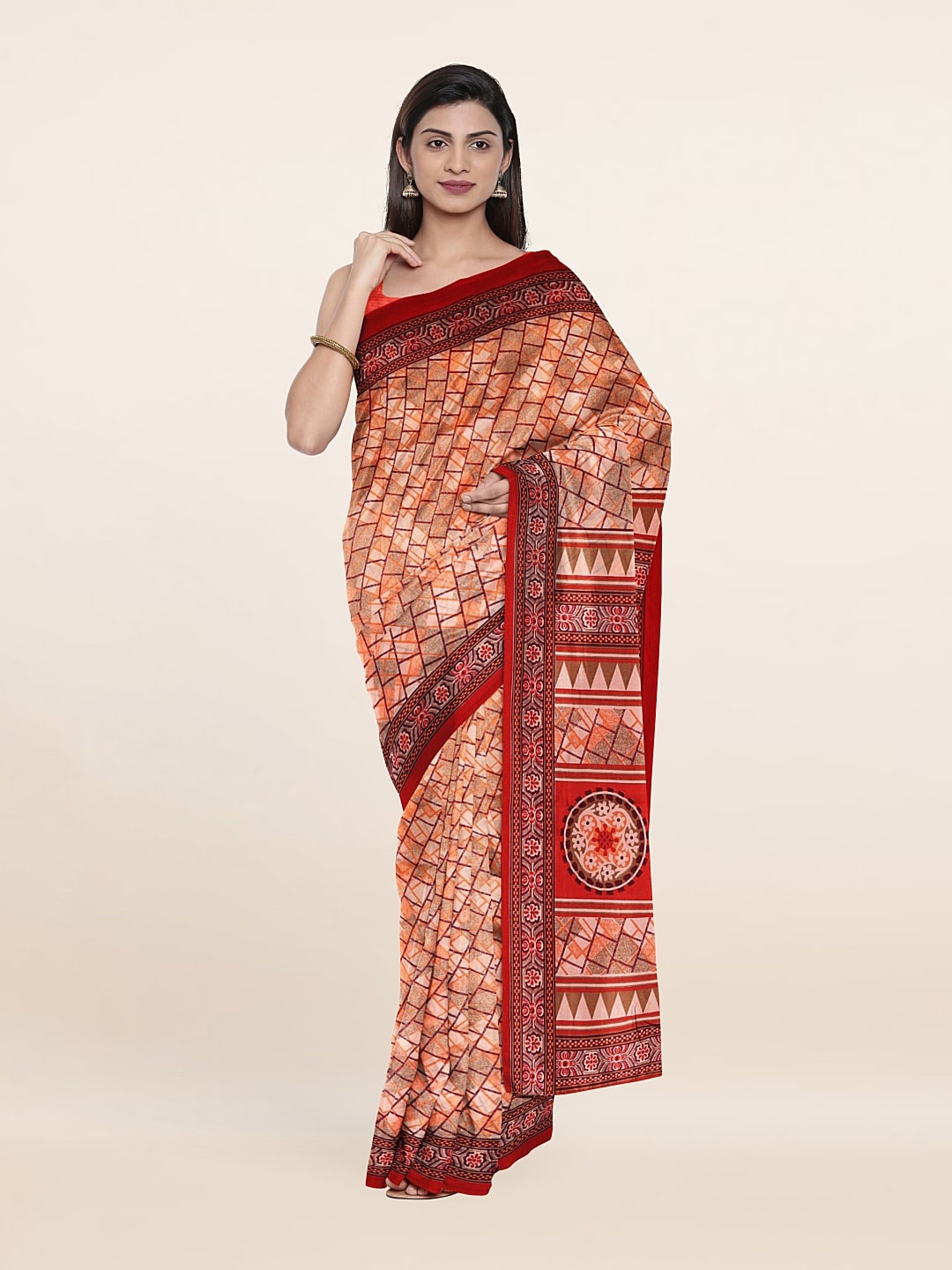 

Pothys Geometric Printed Cotton Blend Saree, Peach