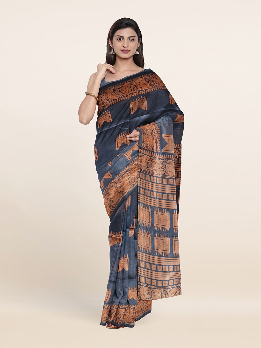 

Pothys Geometric Printed Cotton Blend Zari Saree, Grey
