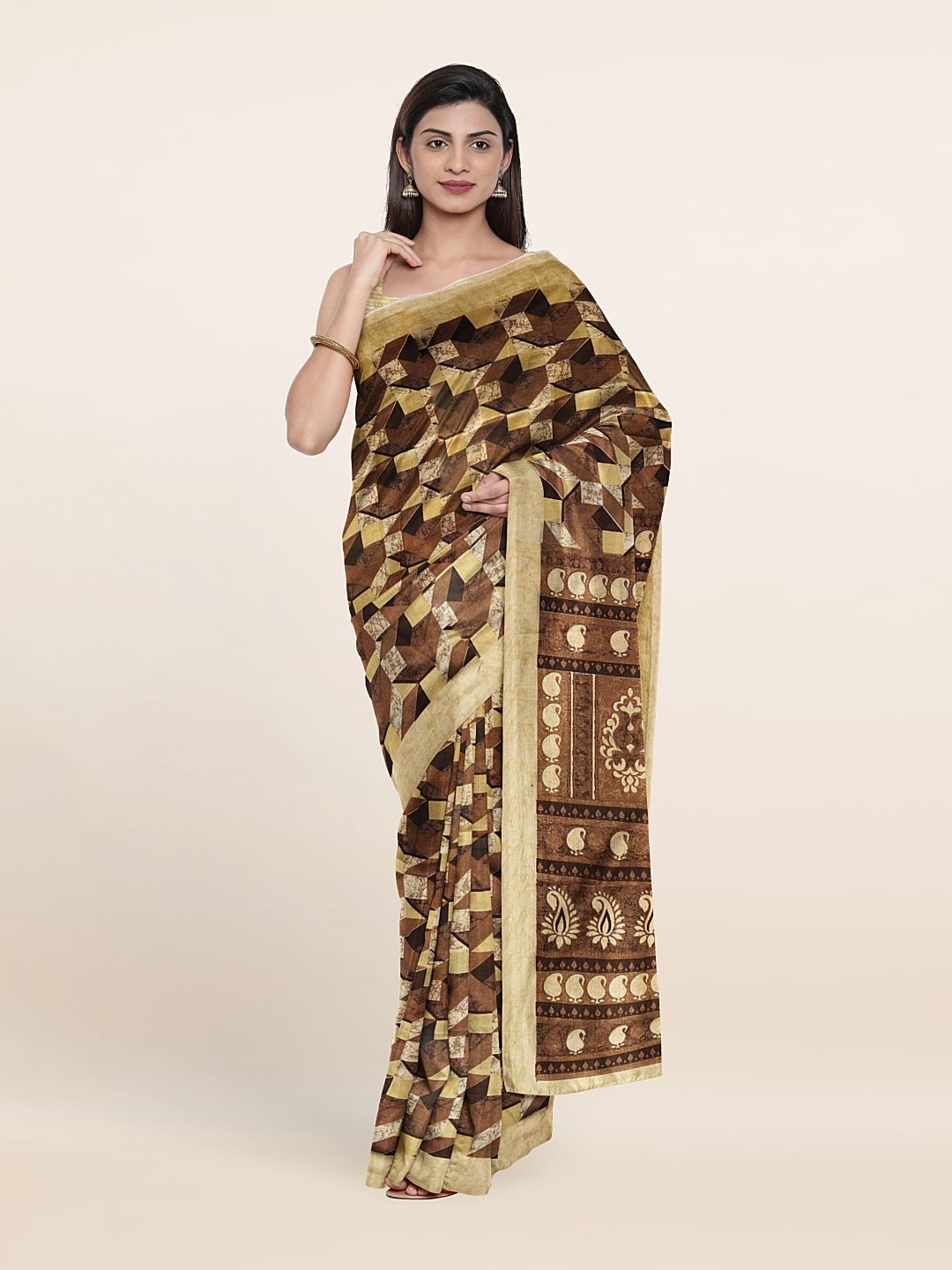 

Pothys Geometric printed Cotton Blend Saree, Brown