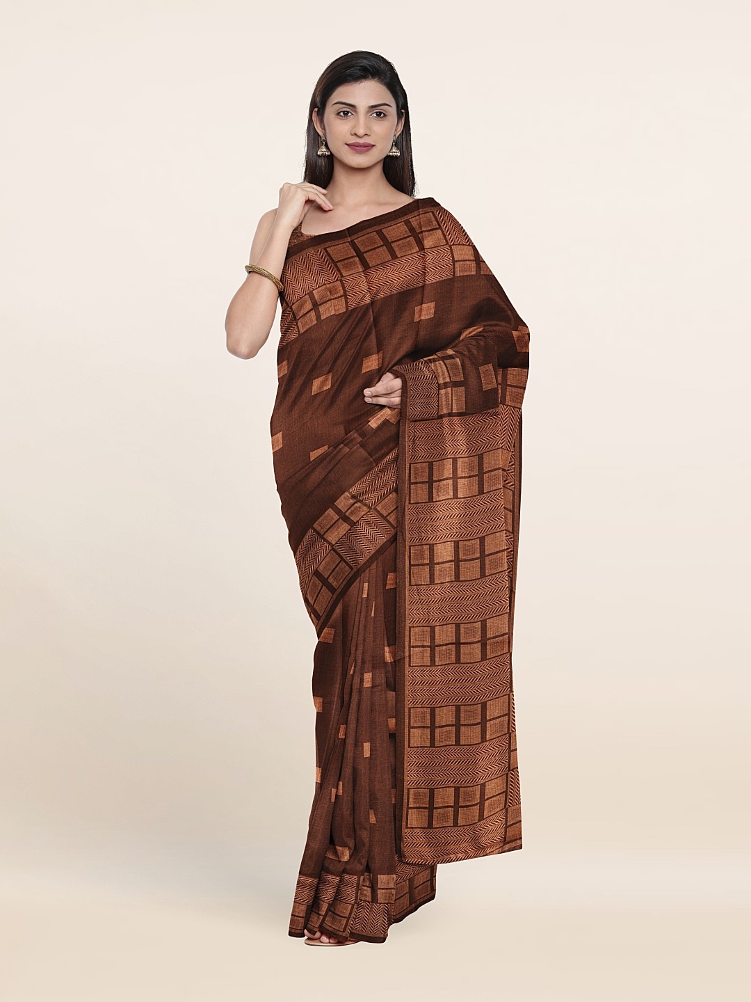 

Pothys Printed Cotton Blend Saree, Brown