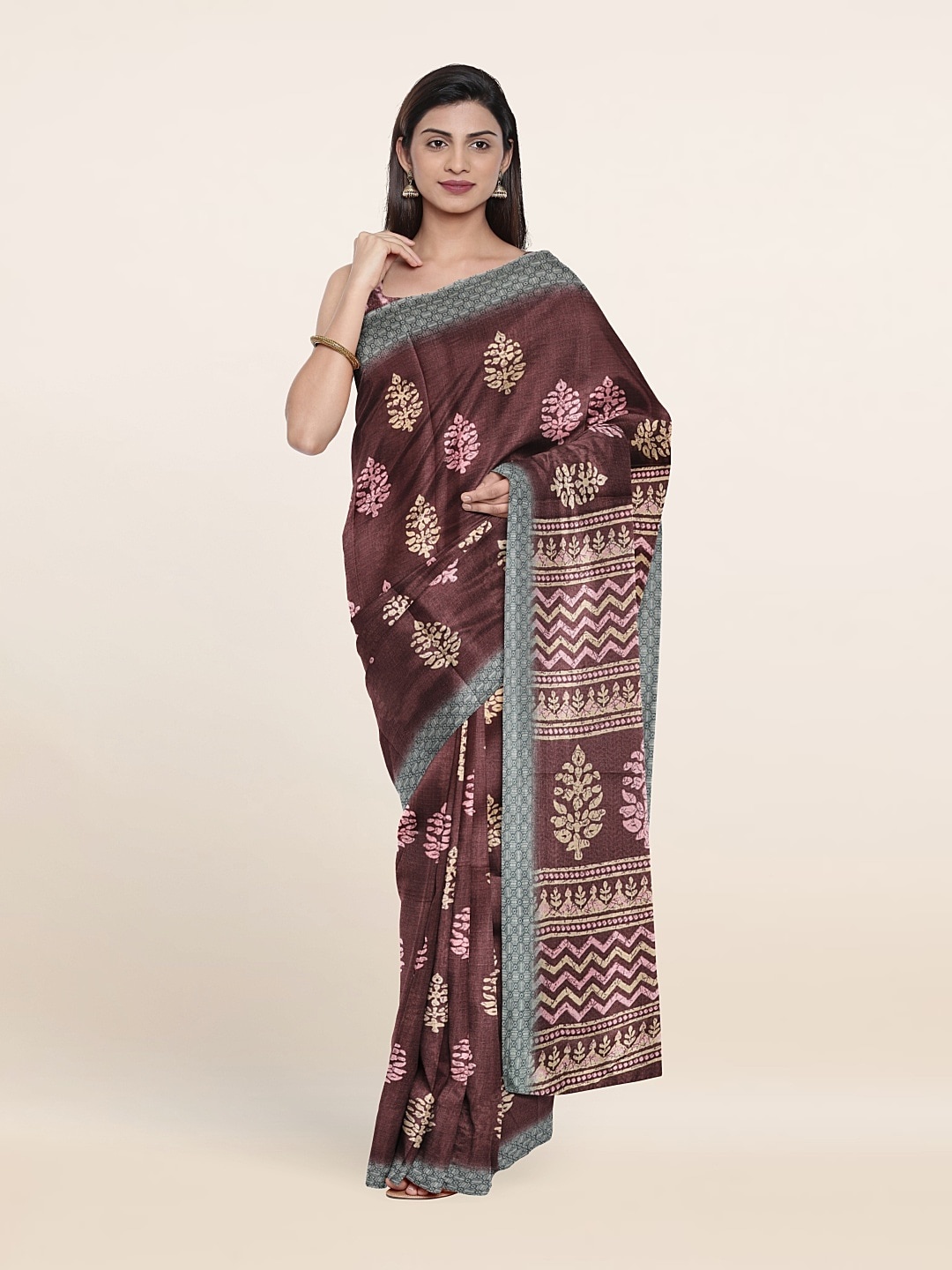 

Pothys Printed Cotton Blend Saree, Brown