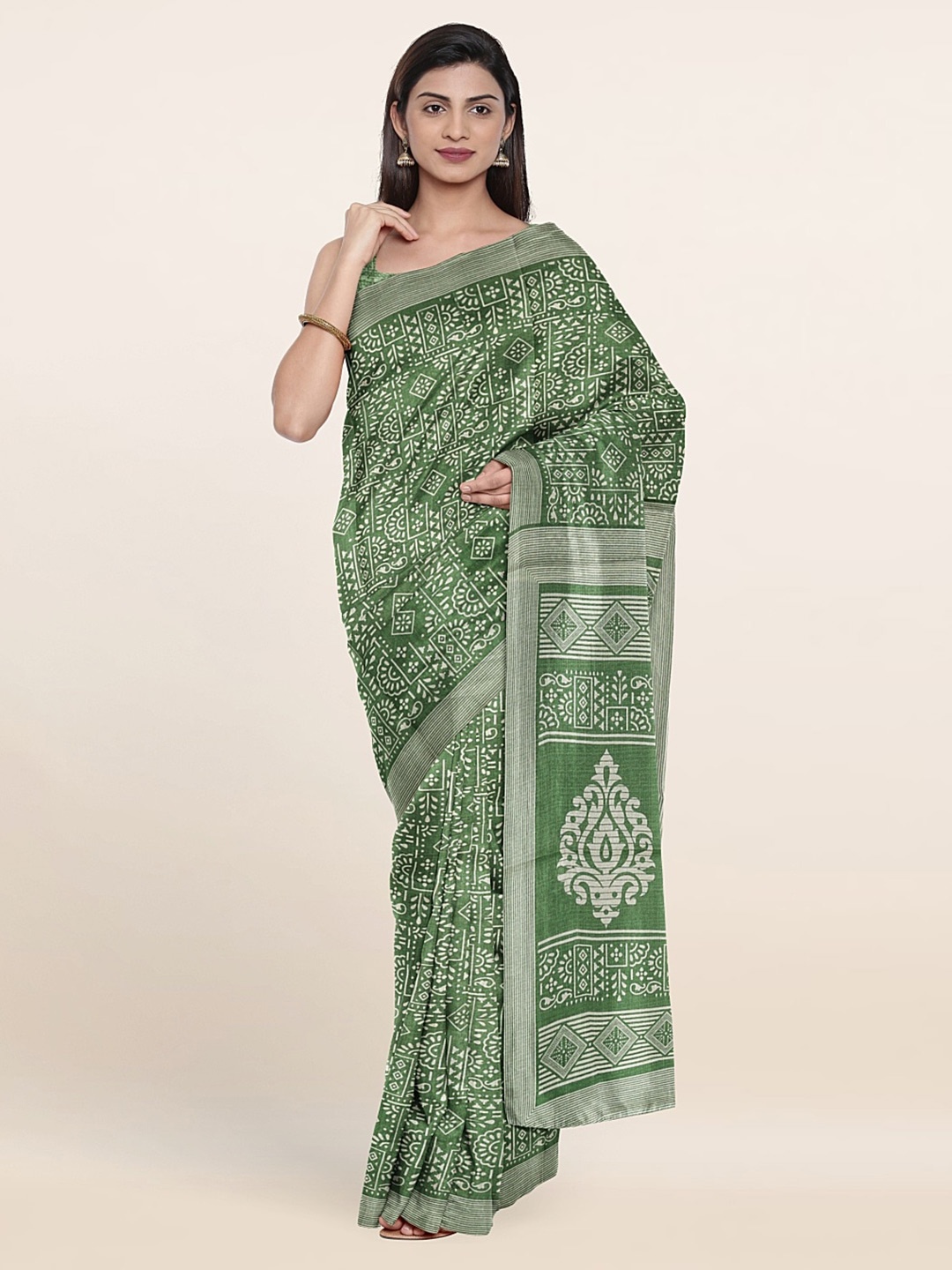 

Pothys Geometric Print Saree, Green