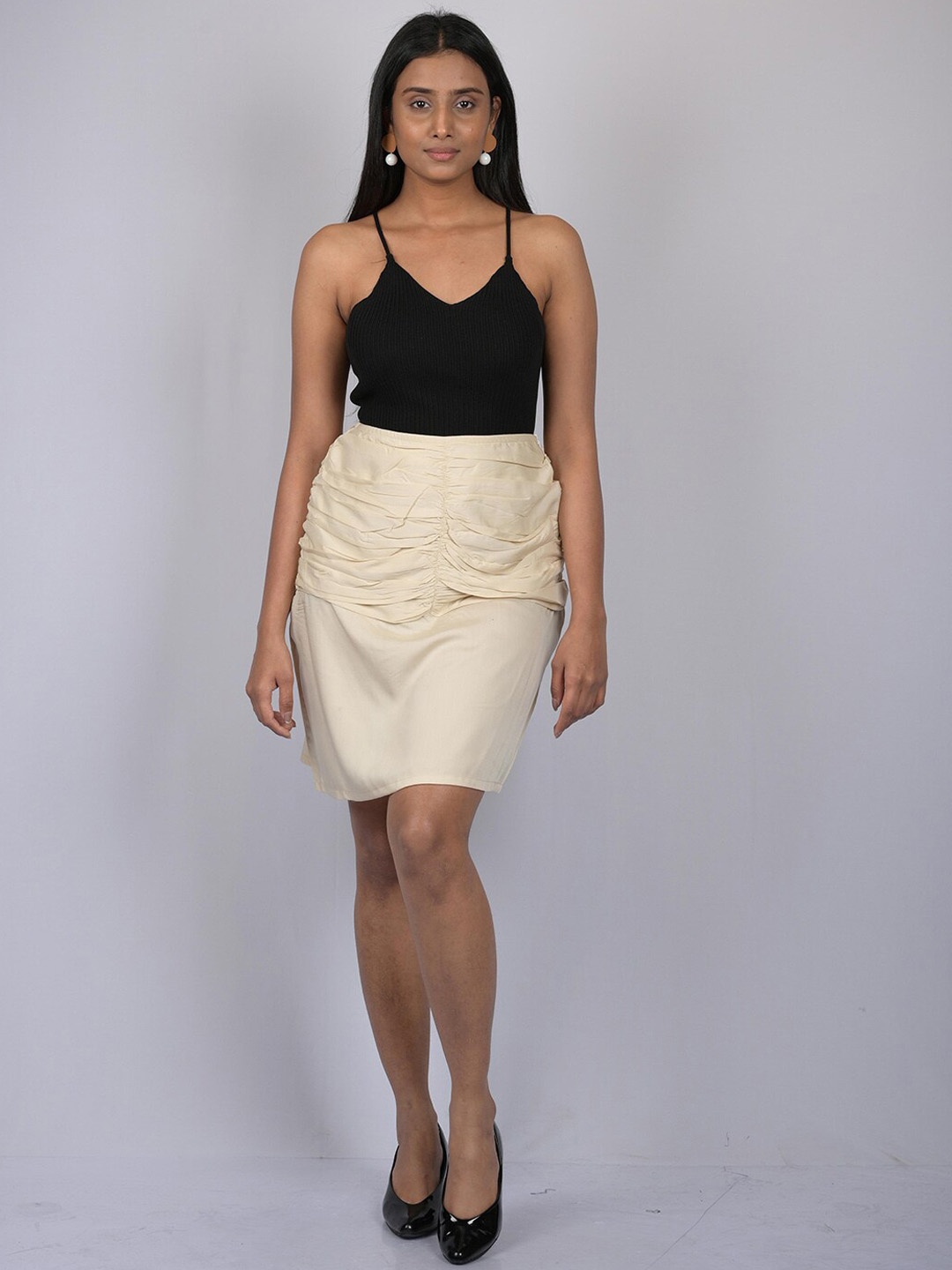 

OWO THE LABEL Women Above Knee Ruched A-Line Skirt, Cream