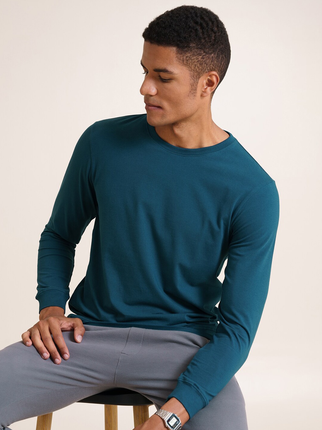 

DAMENSCH Cotton Ribbed Hem Regular Fit T-shirt, Teal