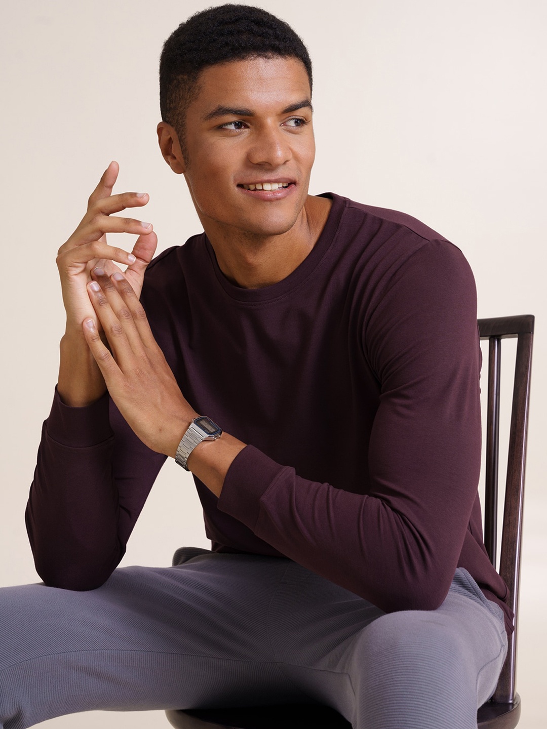 

DAMENSCH Round Neck Cotton Long Sleeves T-shirt, Purple