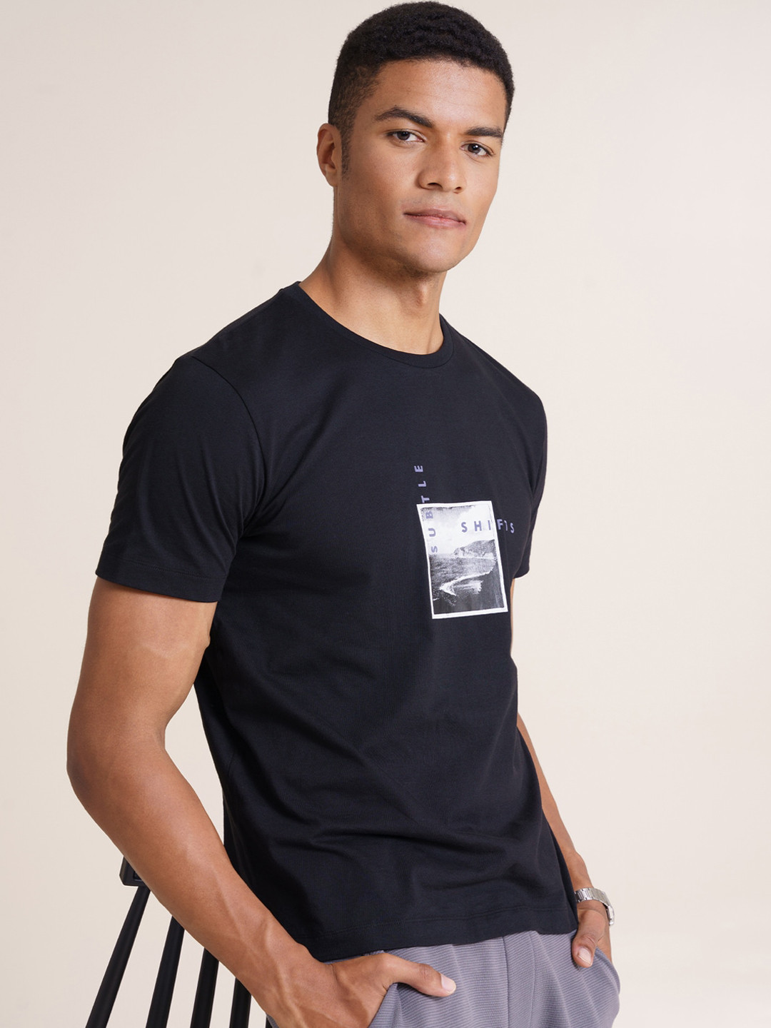 

DaMENSCH Men Graphic Chest Print Black Cotton Regular Fit T-shirt