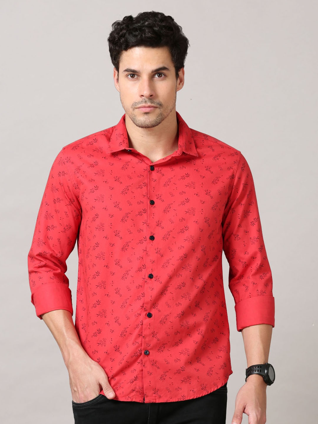 

Bushirt Classic Floral Printed Cotton Casual Shirt, Red