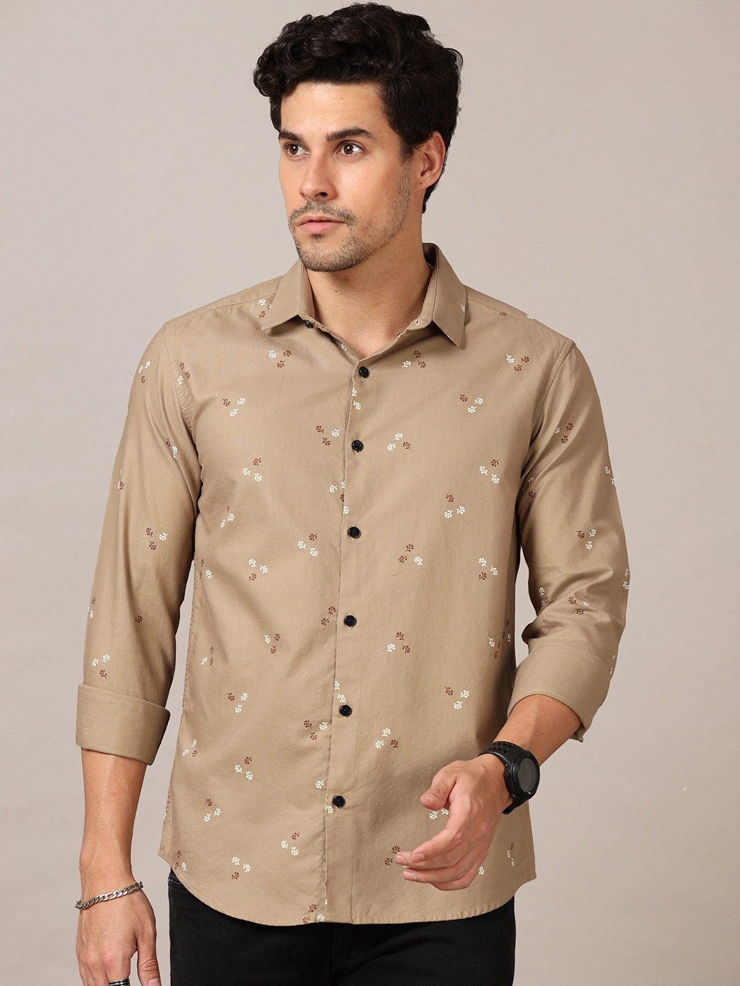 

Bushirt Men Cotton Classic Printed Casual Shirt, Beige