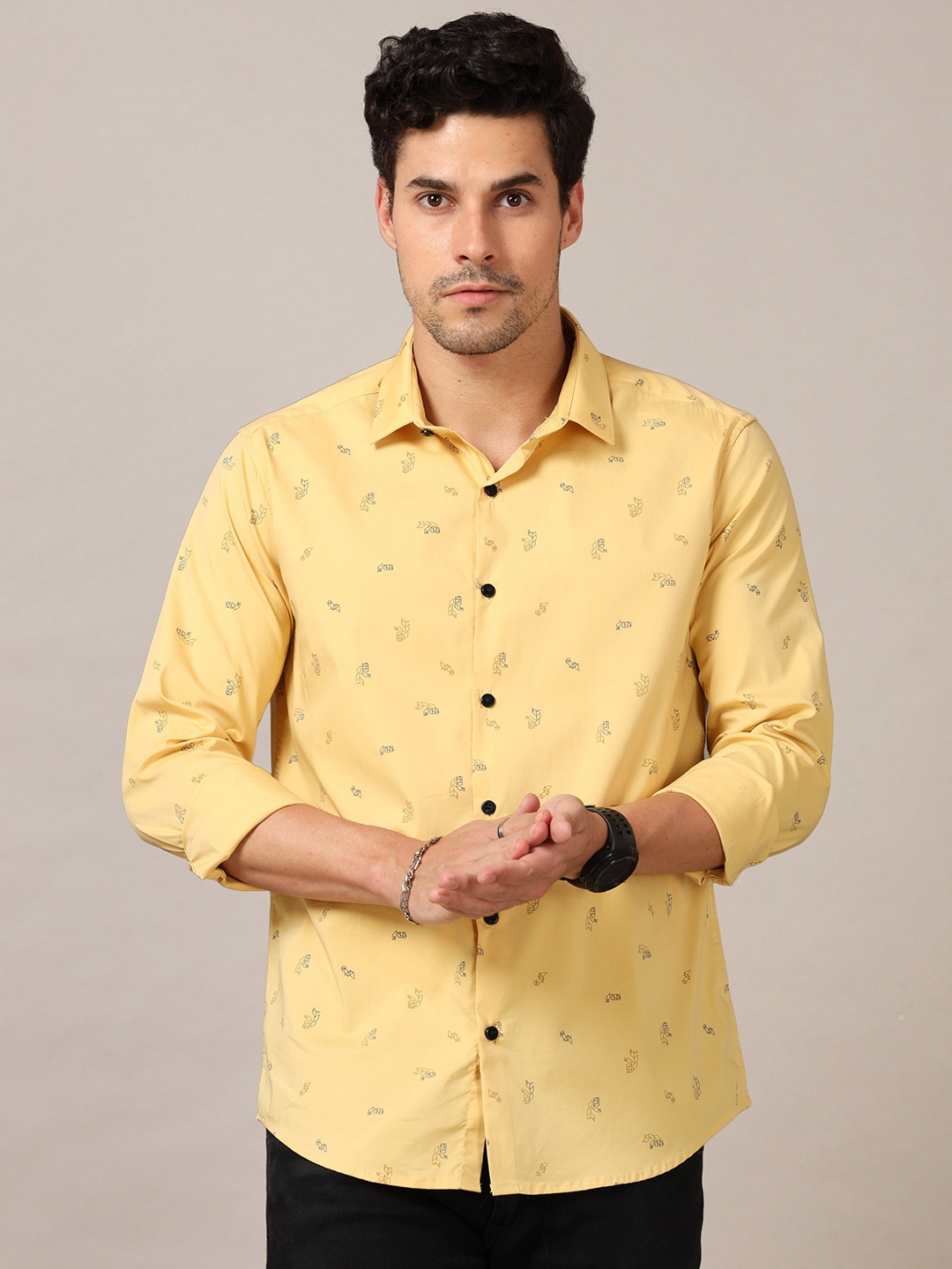 

Bushirt Men Cotton Classic Printed Casual Shirt, Yellow