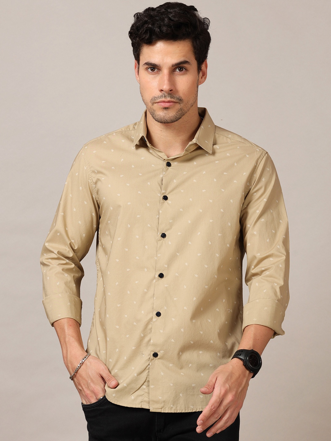 

Bushirt Men Cotton Classic Printed Casual Shirt, Beige