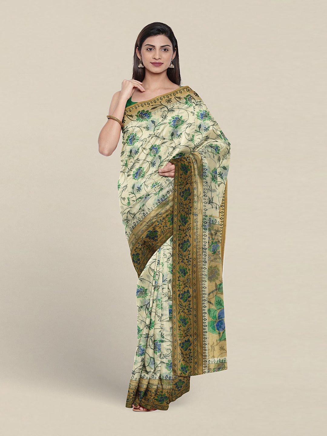 

Pothys Printed Floral Cotton Blend Saree, Cream