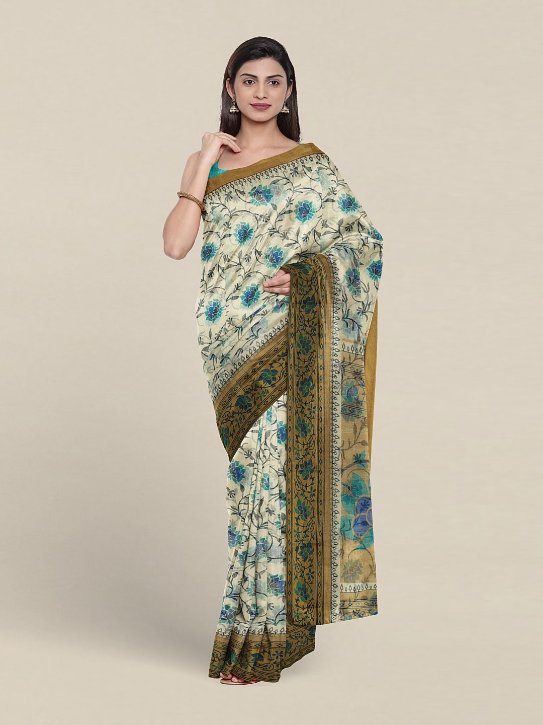 

Pothys Printed Cotton Blend Saree, Cream