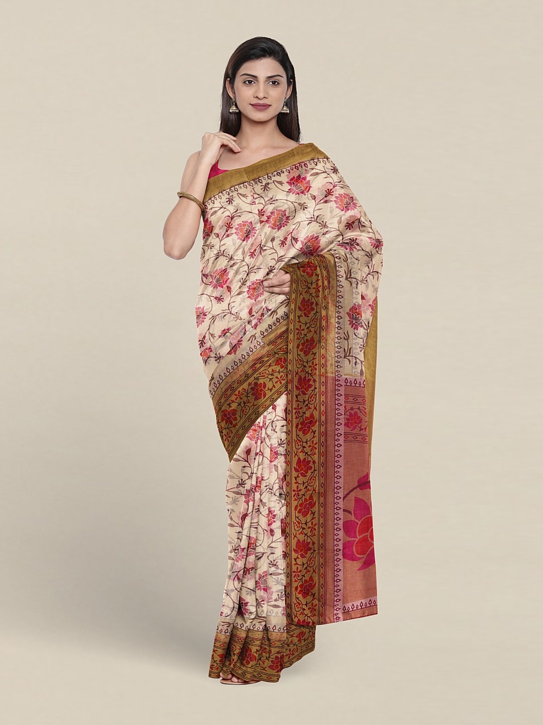 

Pothys Printed Cotton Blend Saree, Cream