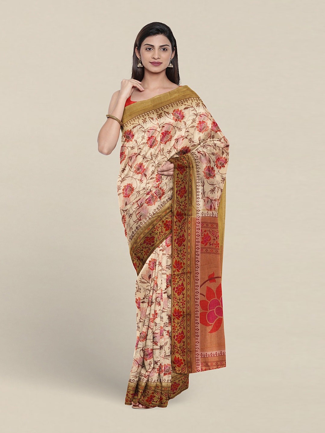 

Pothys Floral Printed Cotton Blend Saree, Cream