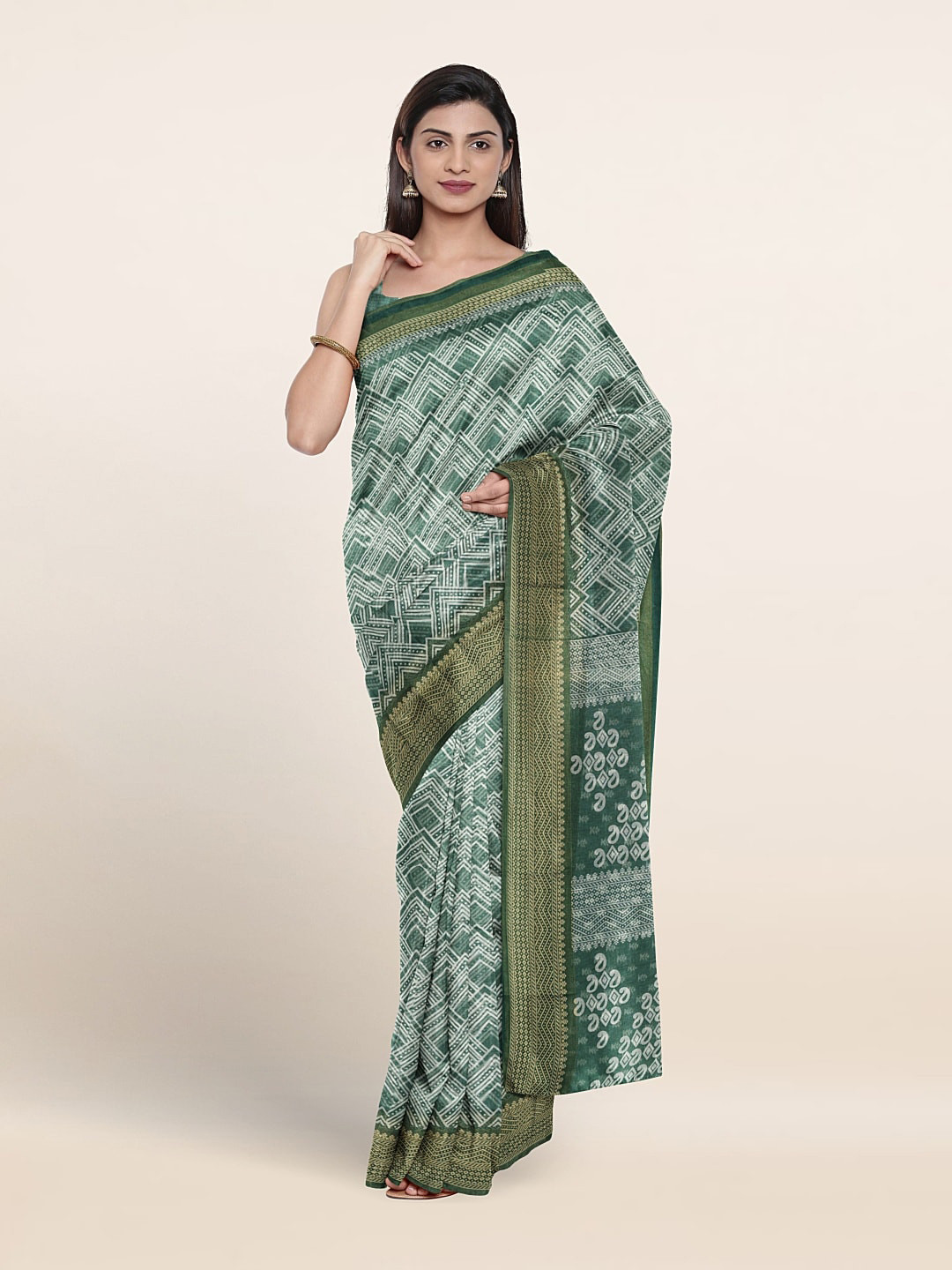 

Pothys Printed Cotton Blend Saree, Green
