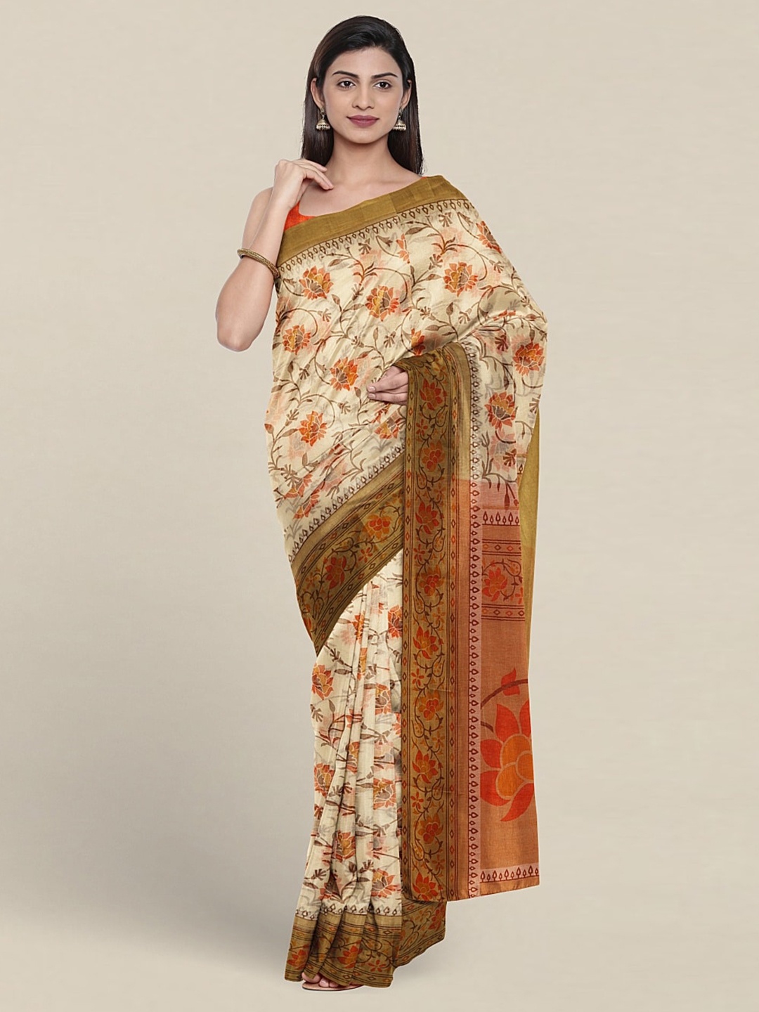 

Pothys Floral Printed Cotton Blend Saree, Cream