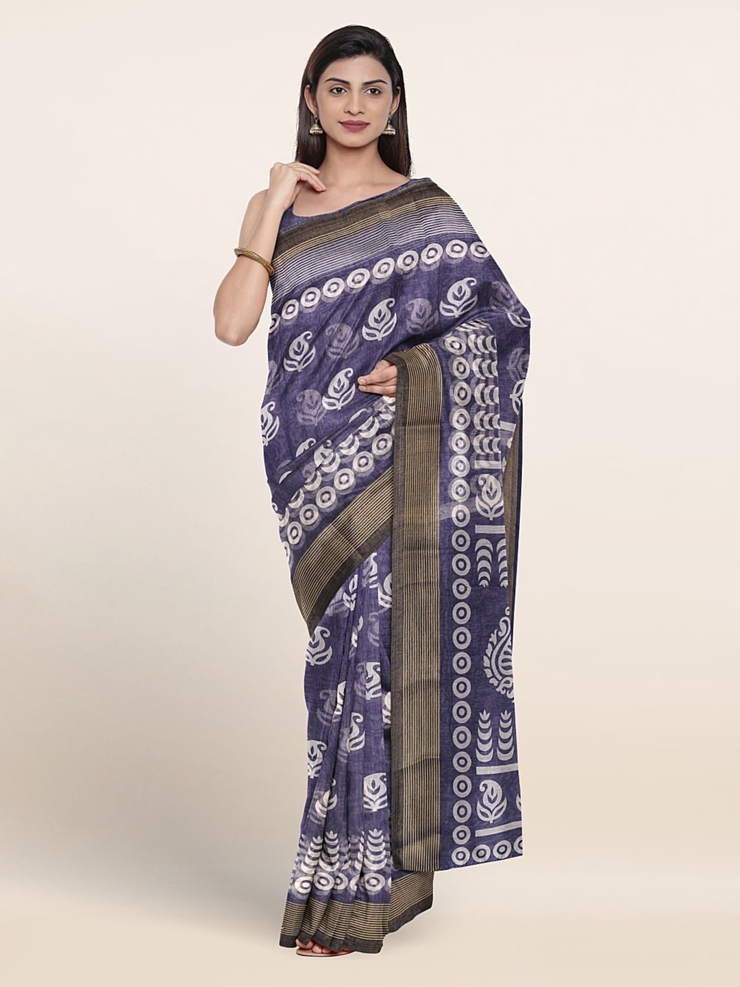 

Pothys Ethnic Motifs Printed Cotton Blend Saree, Navy blue