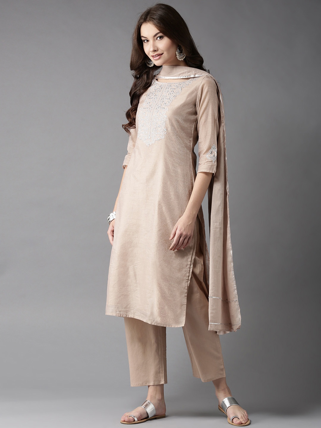 

Moda Rapido Women Beige Embroidered Kurta with Trousers & Dupatta