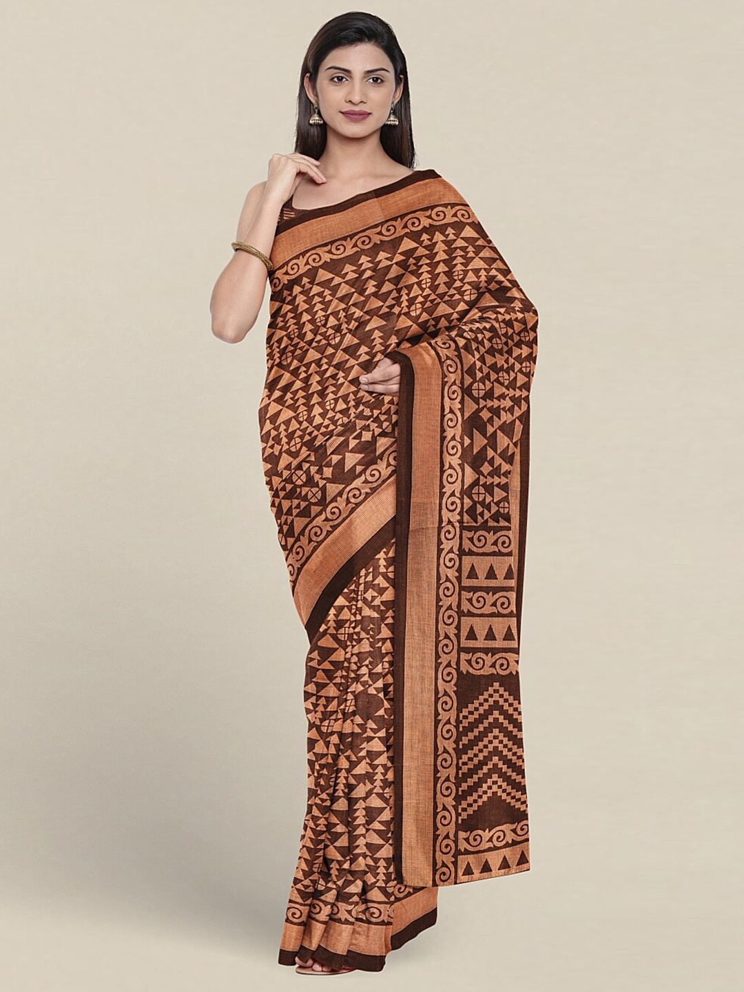 

Pothys Printed Geometric Saree, Brown