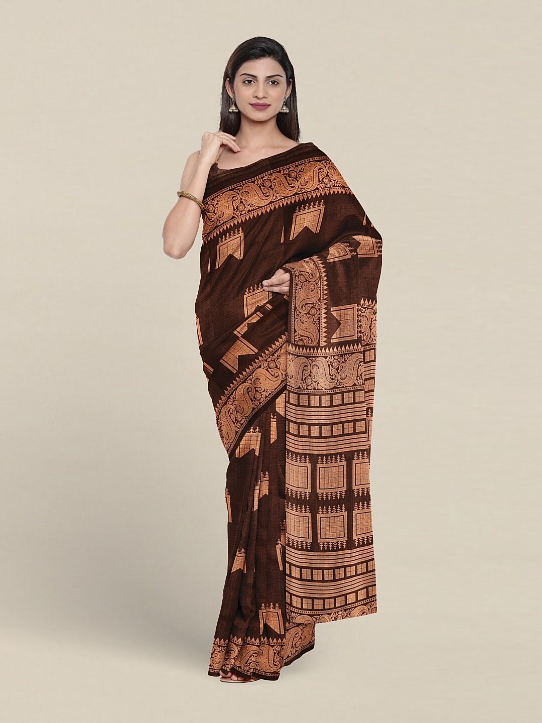 

Pothys Ethnic Motifs Printed Cotton Saree, Brown
