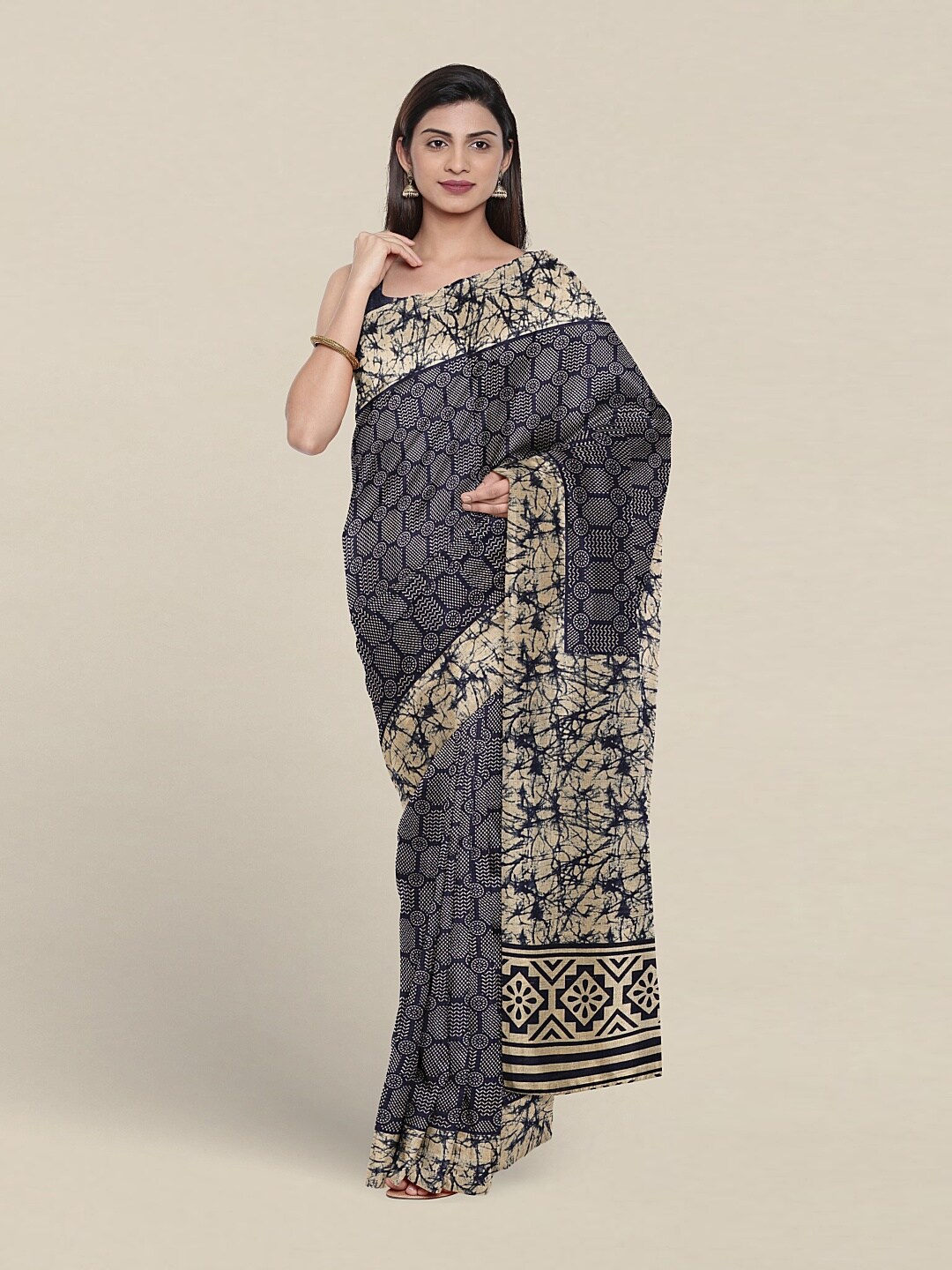 

Pothys Geometric Printed Cotton Saree, Navy blue