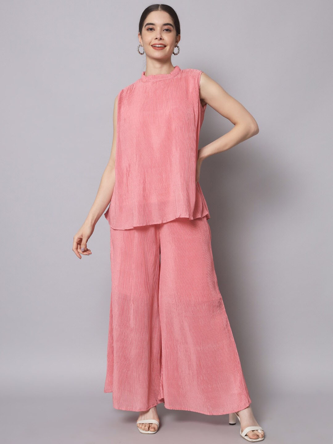 

Myshka Women Pink Silk Chiffon Top with Palazzos