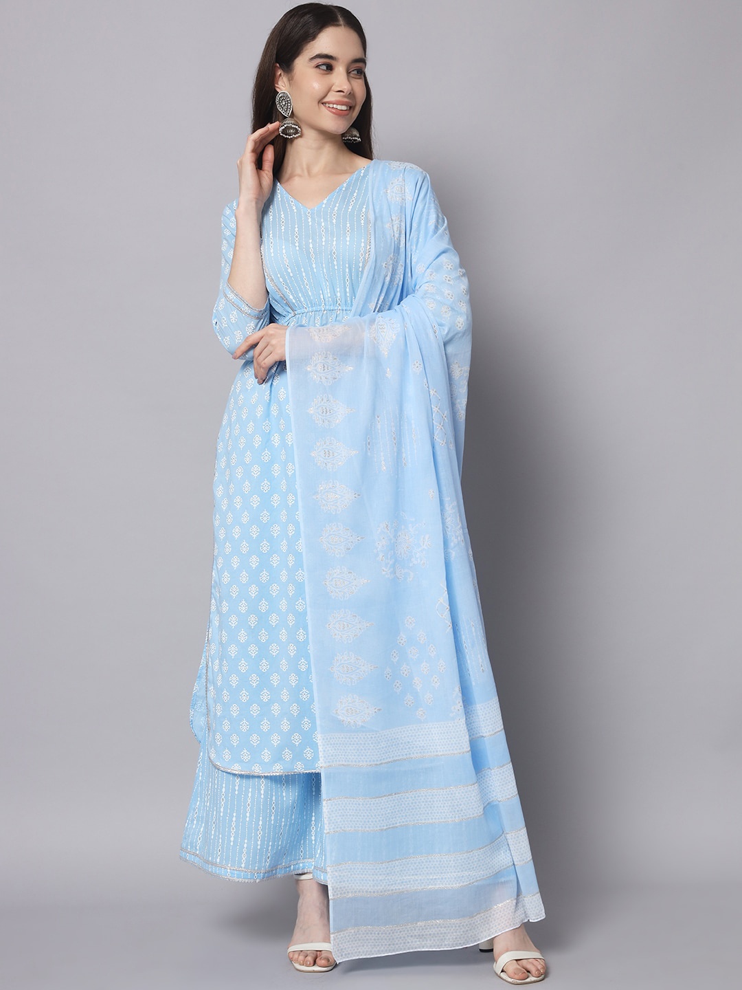 

Myshka Women Printed Gotta Patti Pure Cotton Kurta with Palazzos & Dupatta, Blue