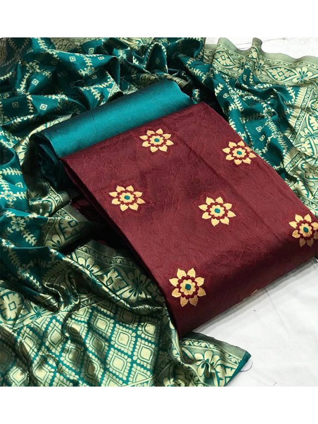 

MORLY Banarasi Jacquard Unstitched Dress Material, Maroon