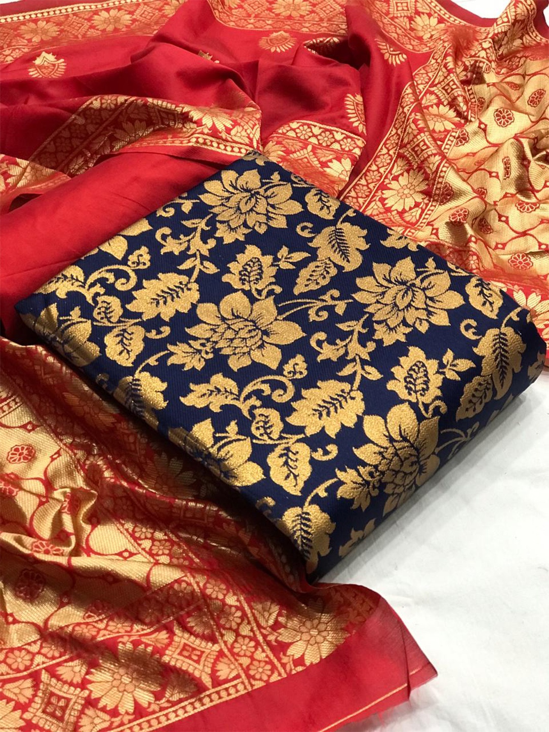 

MORLY Banarasi Jacquard Unstitched Dress Material, Navy blue