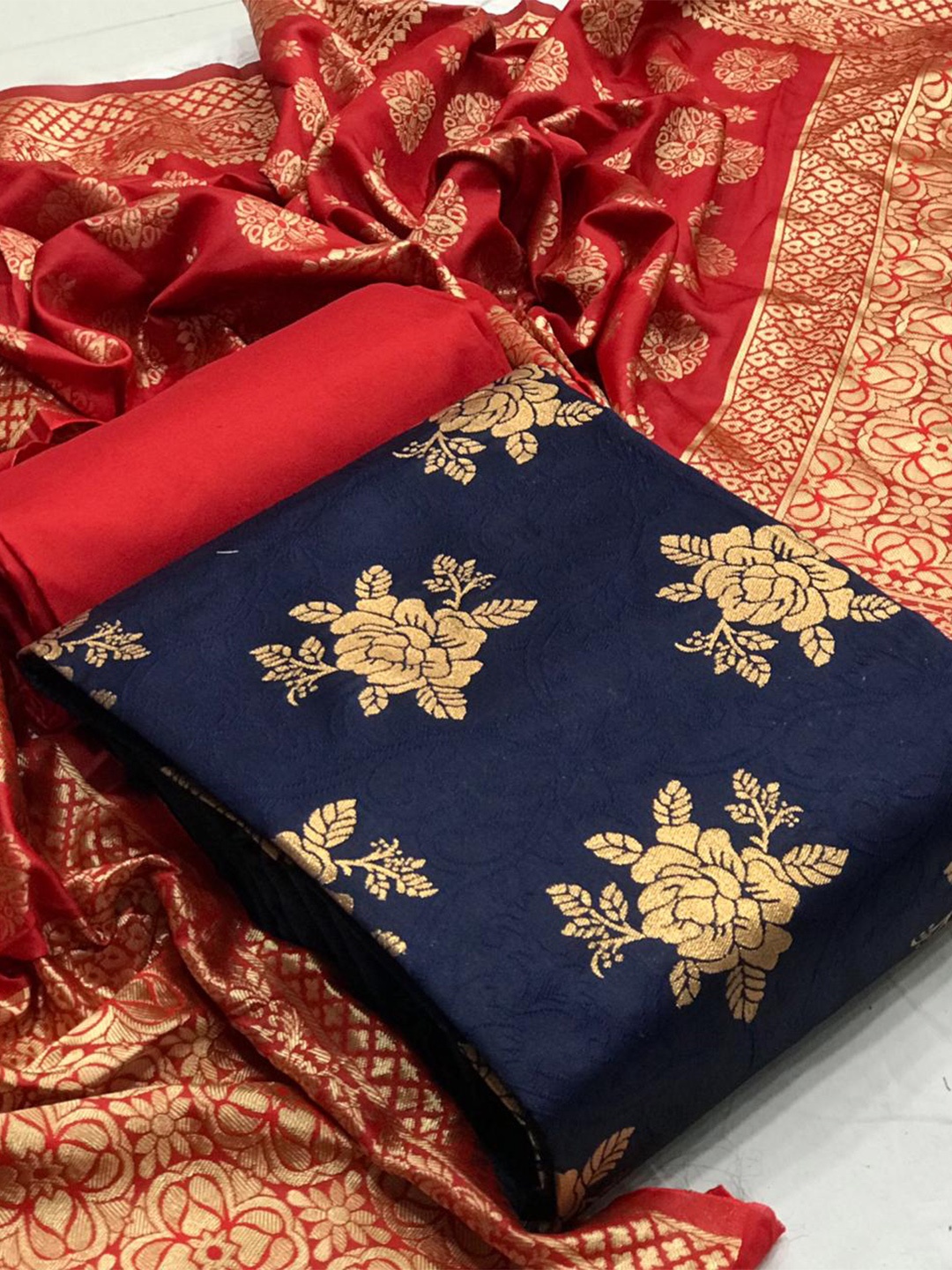 

MORLY Banarasi Jacquard Unstitched Dress Material, Blue