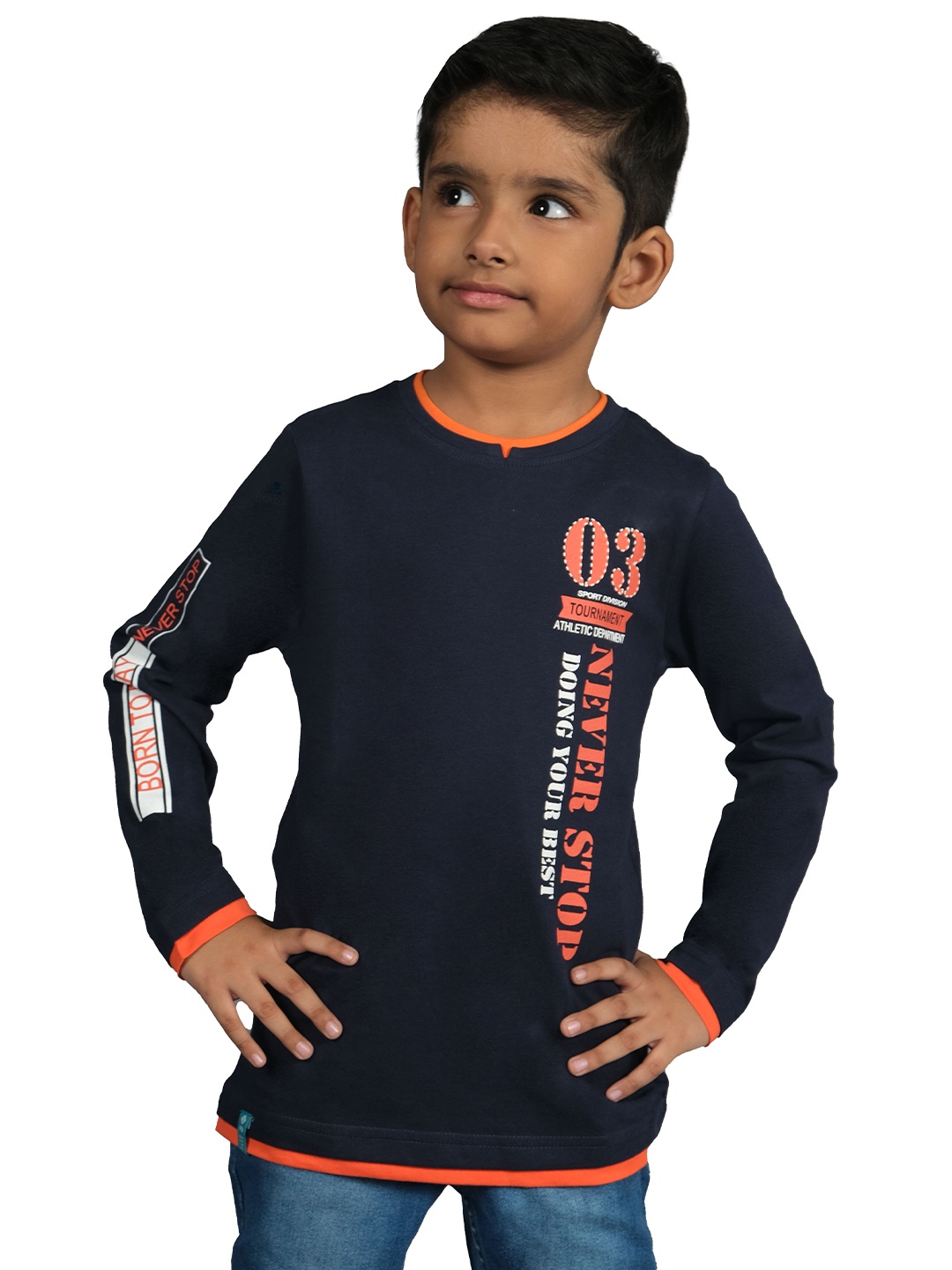 3PIN Boys Typography Printed Cotton T-shirt, Navy blue